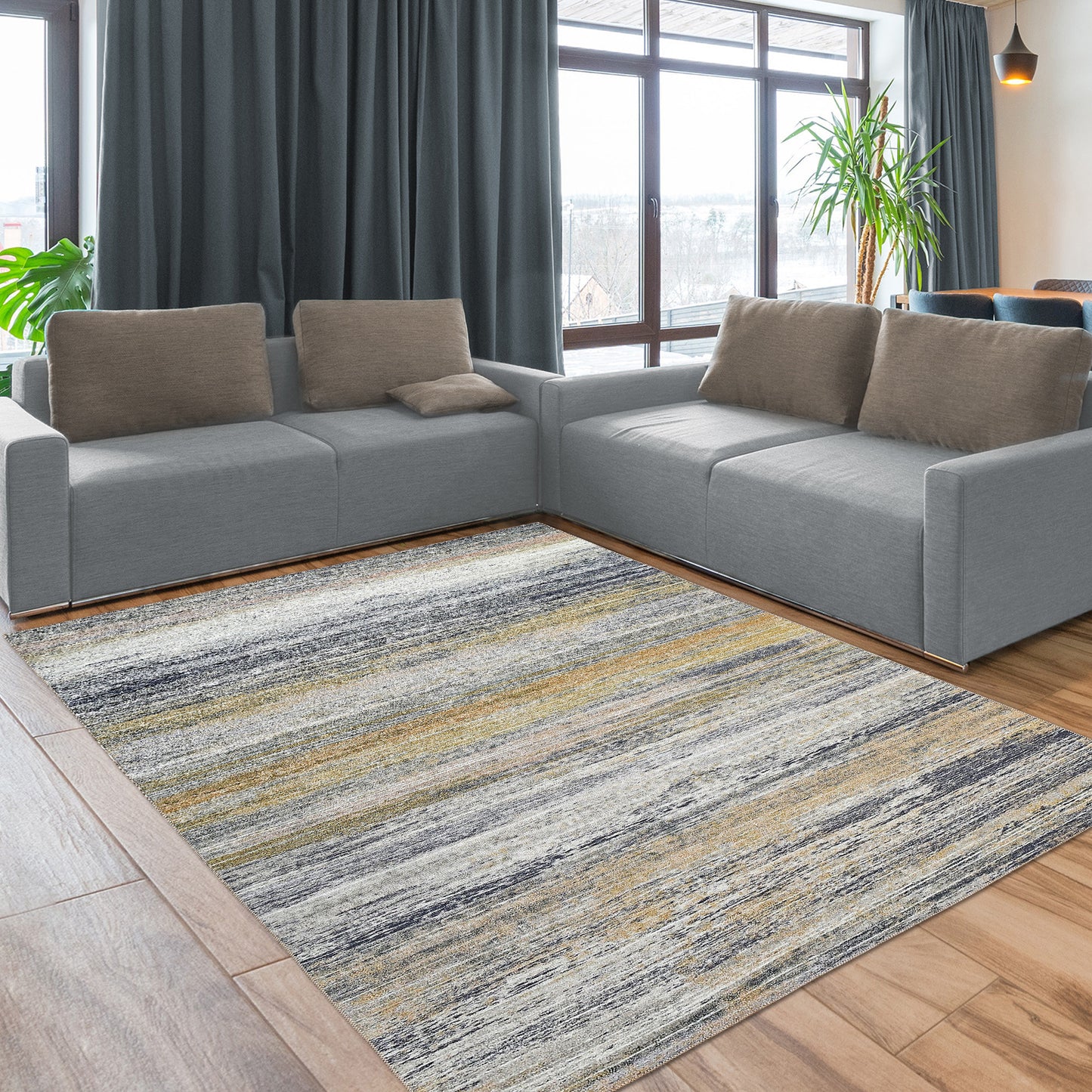 8' X 11' Gold Abstract Stain Resistant Area Rug