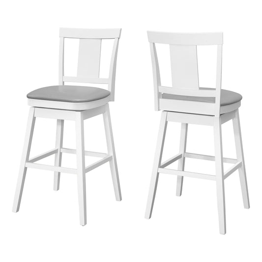 Set Of Two 28" Gray And White Faux Leather And Solid Wood Swivel Counter Height Bar Chairs With Footrest