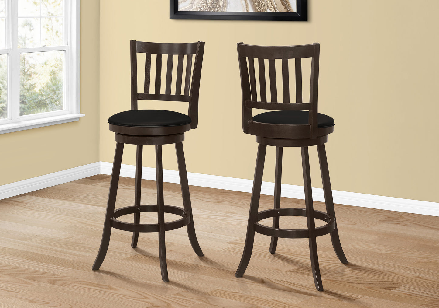 Set Of Two 29" Black And Espresso Faux Leather And Solid Wood Swivel Bar Height Bar Chairs With Footrest