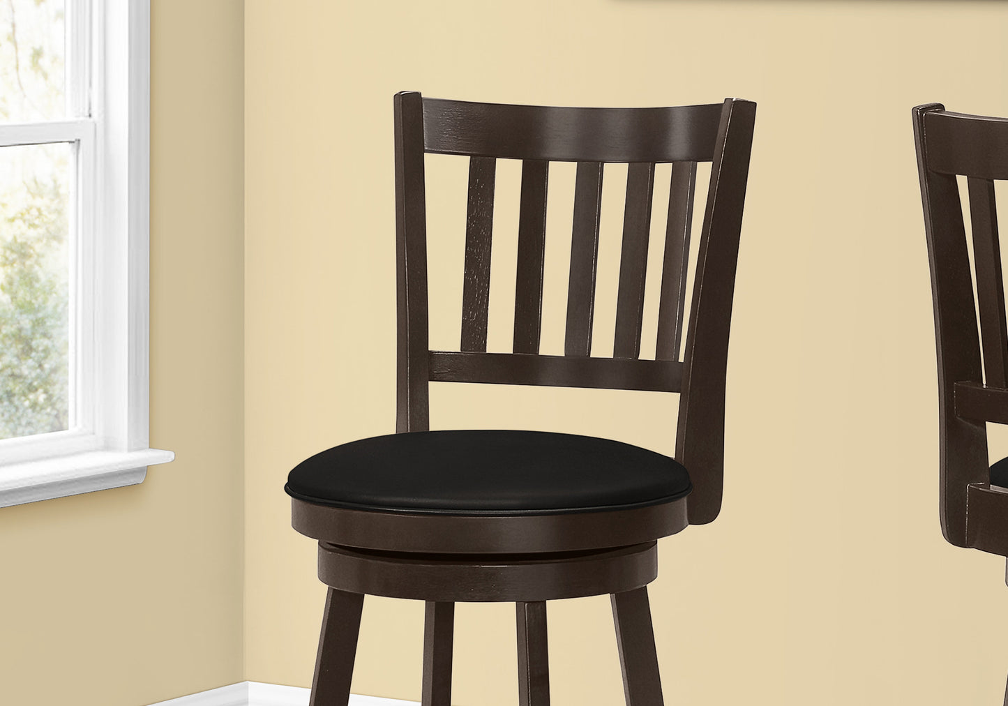Set Of Two 29" Black And Espresso Faux Leather And Solid Wood Swivel Bar Height Bar Chairs With Footrest