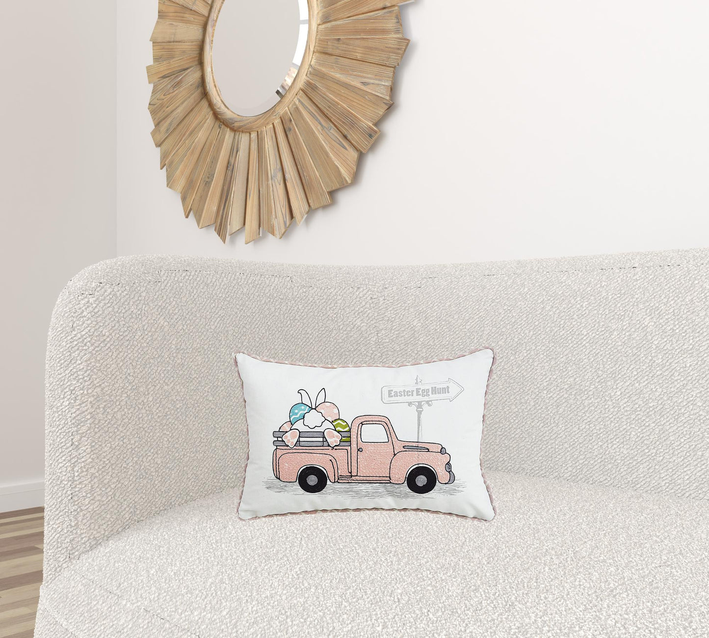 13" X 20" White and Pink Easter Bunny Pink Truck Throw Pillow