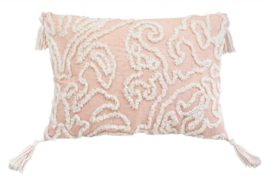 13" X 18" Beige And White Abstract Zippered Polyester Throw Pillow With Tassels