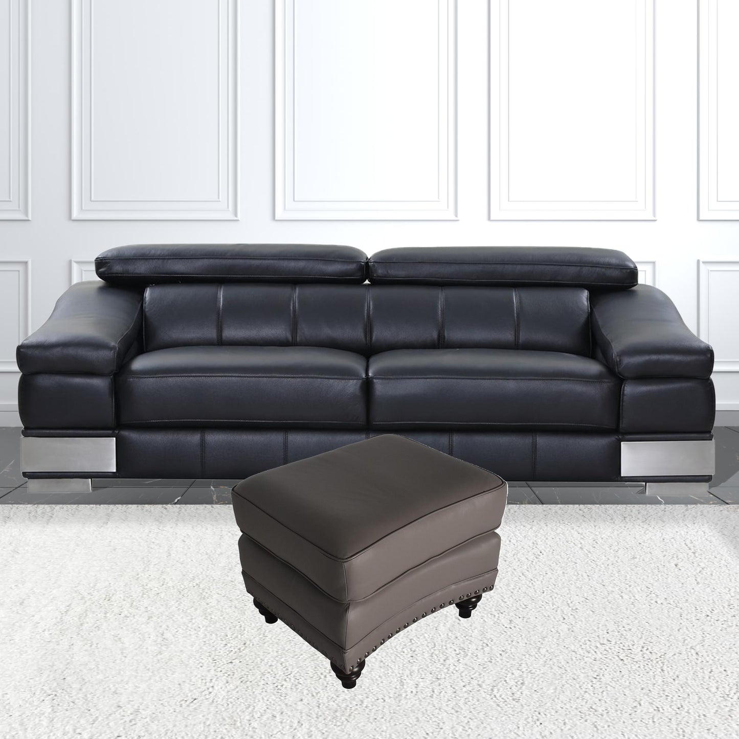 22" Gray Genuine Leather And Brown Ottoman