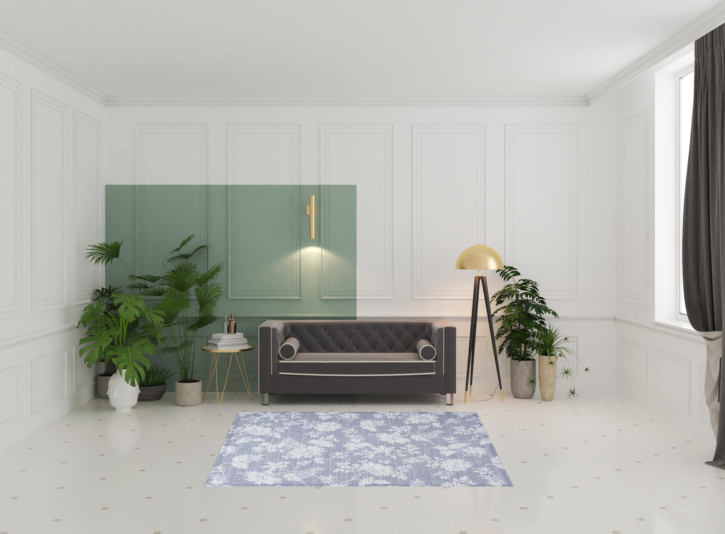 5' X 7' Grey Floral Washable Area Rug