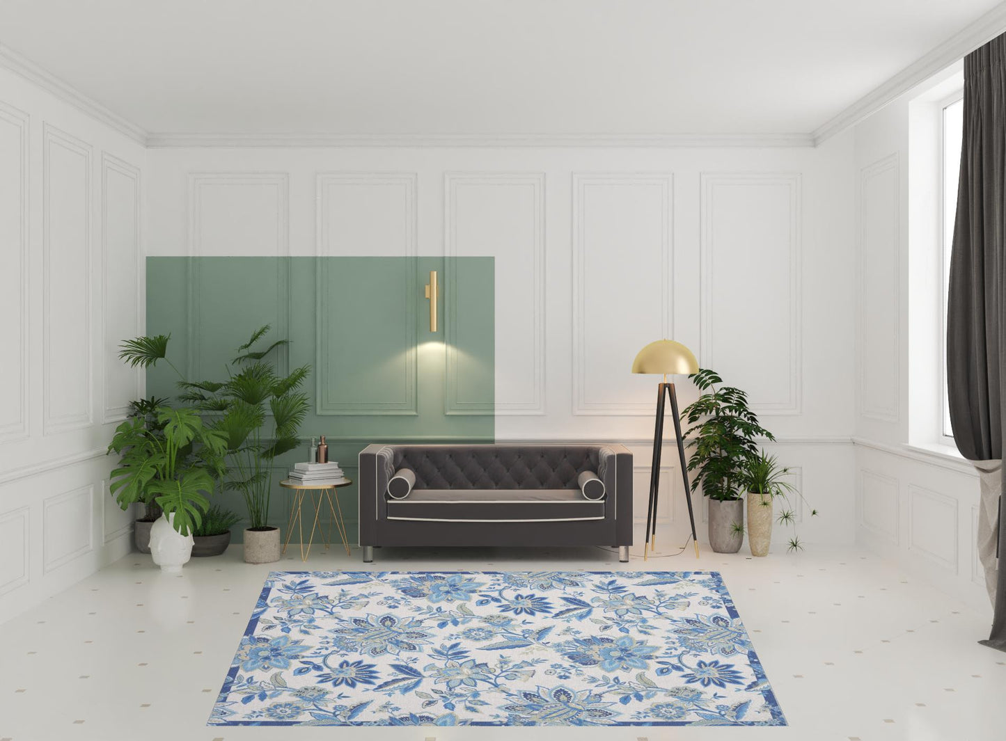 8' X 10' Ivory And Blue Floral Distressed Washable Area Rug