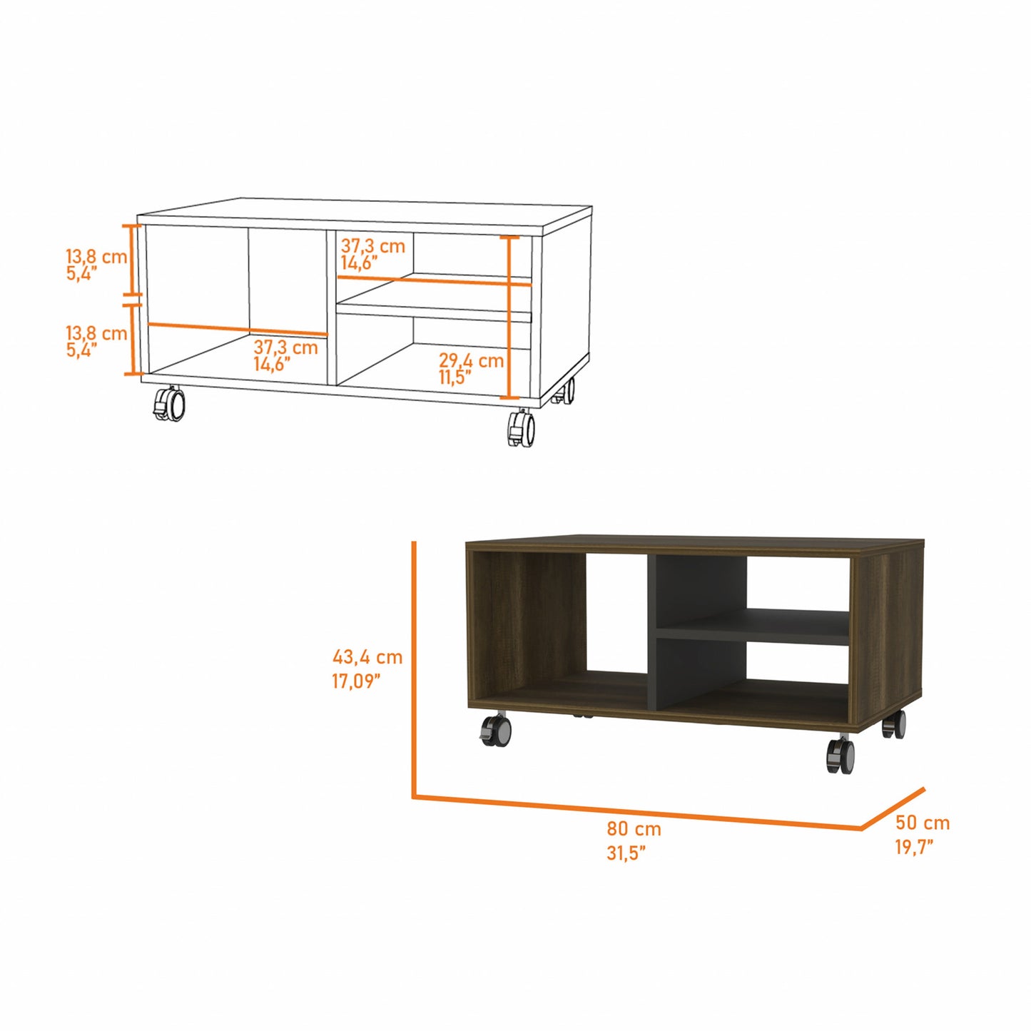 32" Walnut and Black Open Rectangular Coffee Table With Three Shelves