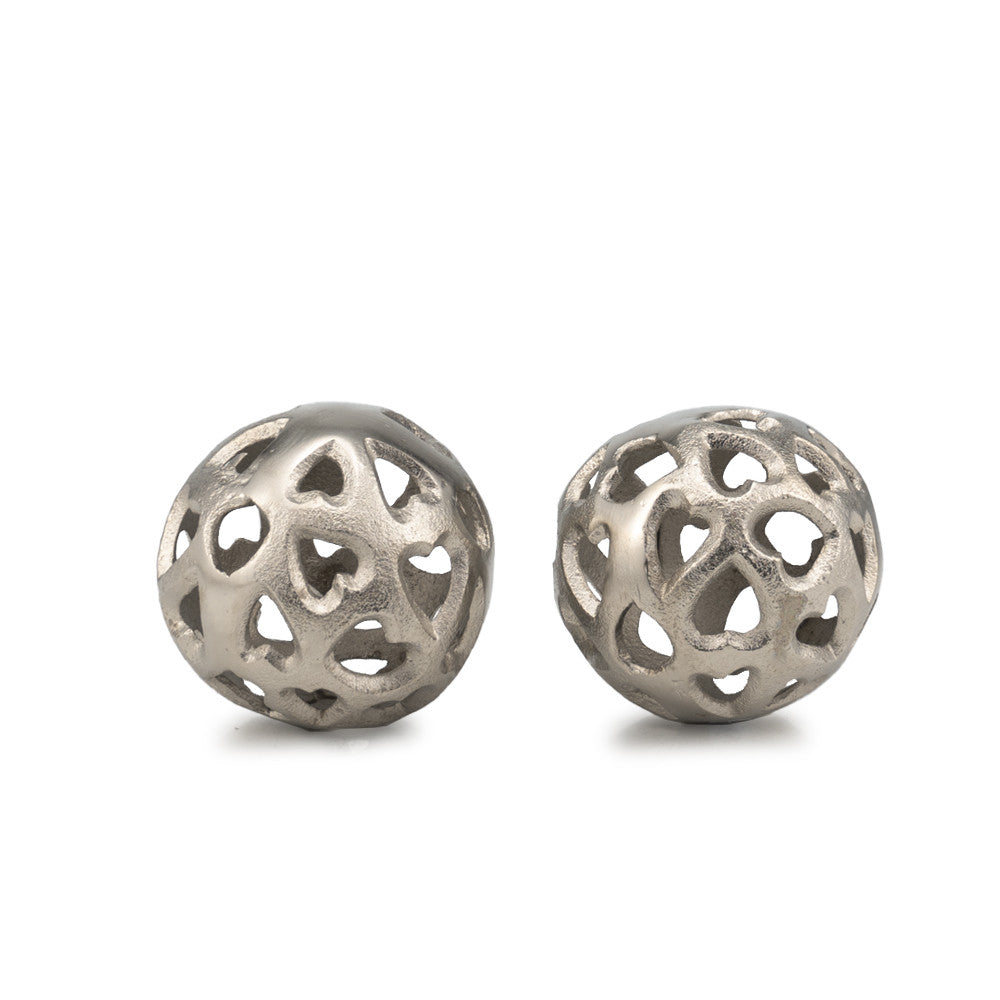 Set Of Two 4" Silver Heart Design Pierced Decorative Orbs