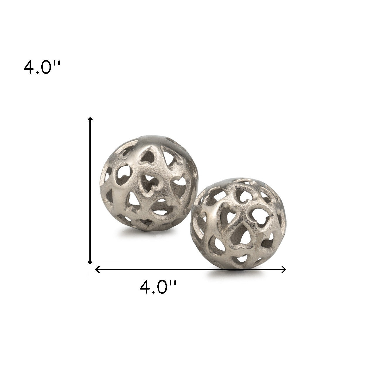Set Of Two 4" Silver Heart Design Pierced Decorative Orbs