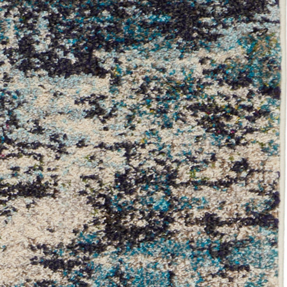 2' X 8' Ivory And Teal Blue Abstract Power Loom Non Skid Runner Rug