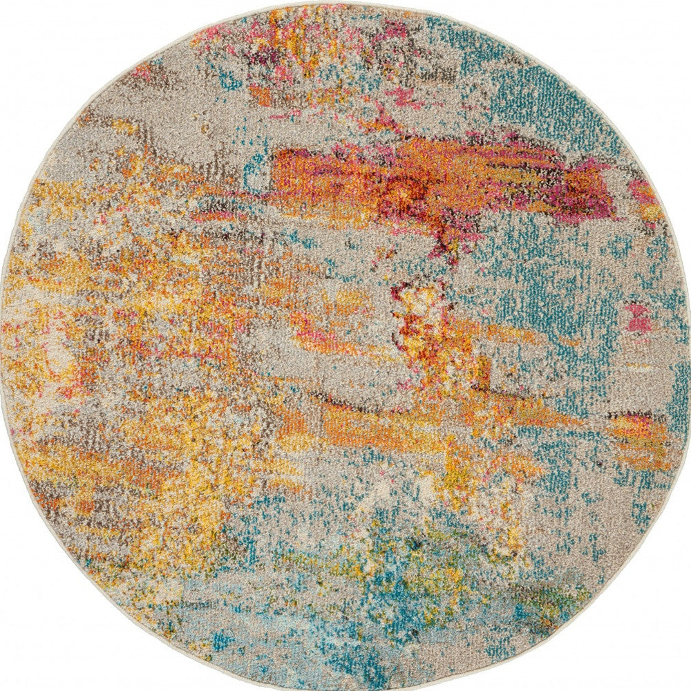 4' X 4' Ivory and Aqua Round Abstract Power Loom Non Skid Area Rug