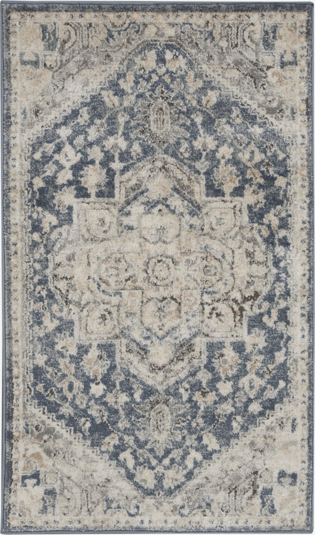 2' X 4' Ivory And Blue Oriental Power Loom Non Skid Area Rug