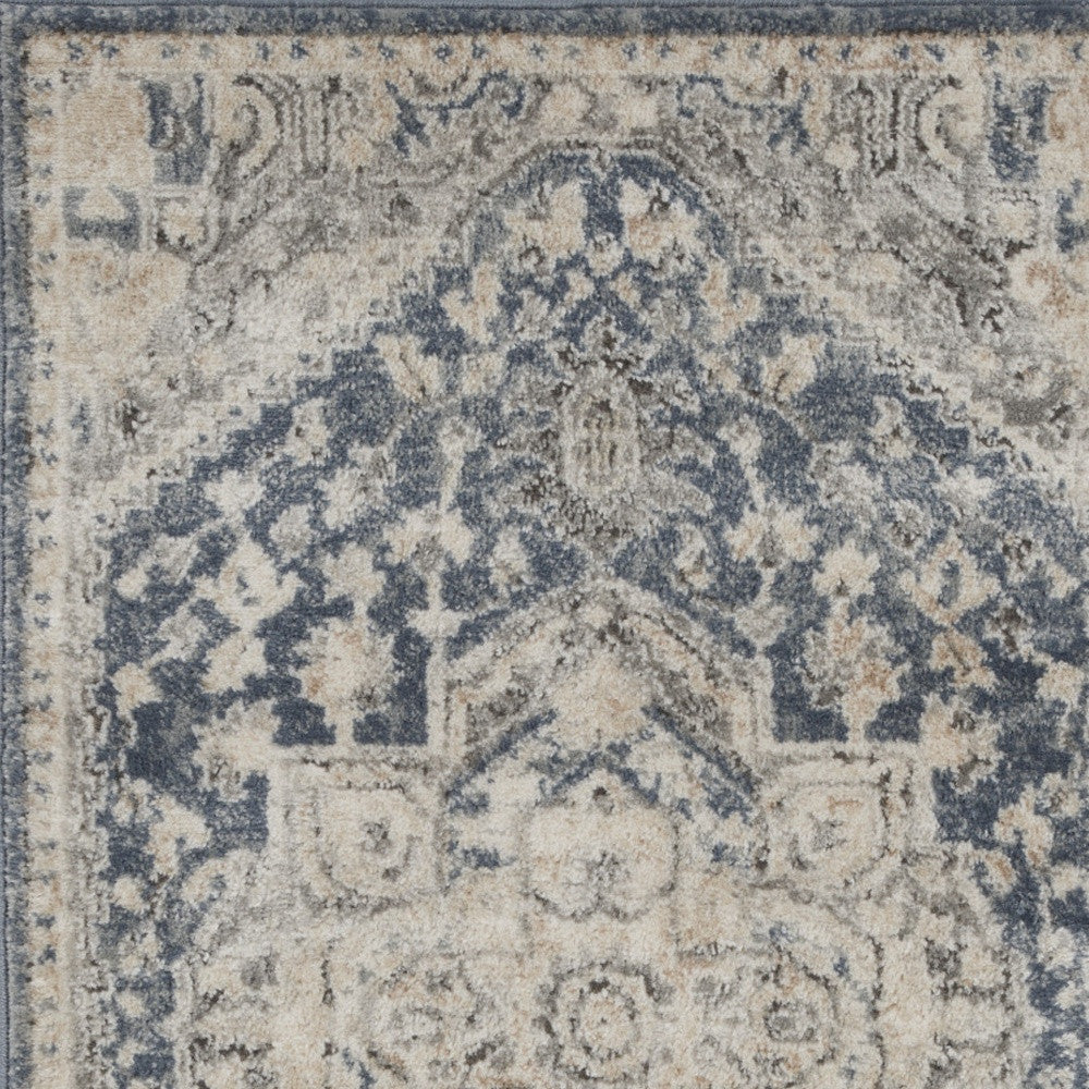 2' X 4' Ivory And Blue Oriental Power Loom Non Skid Area Rug