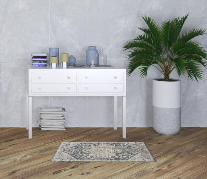 2' X 4' Ivory And Blue Oriental Power Loom Non Skid Area Rug