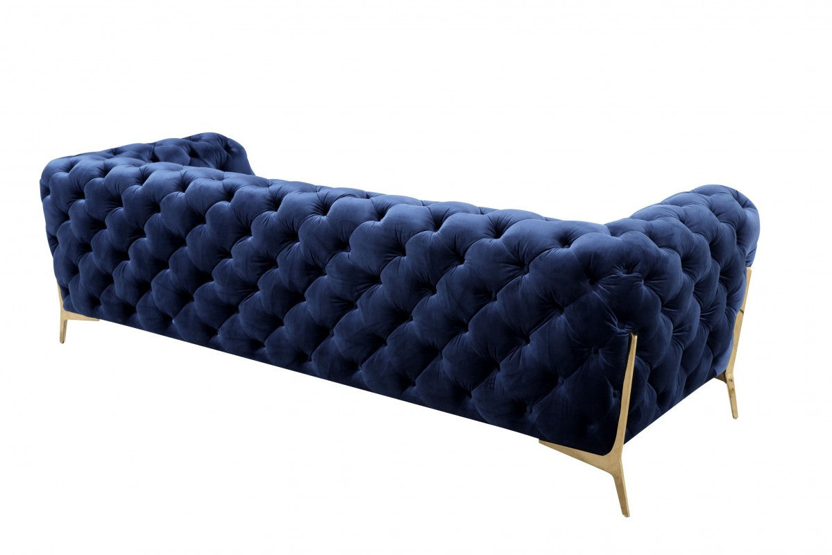 Contemporary 97" Blue Velvet And Gold Accent Sofa