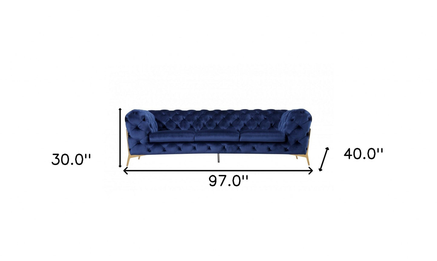 Contemporary 97" Blue Velvet And Gold Accent Sofa