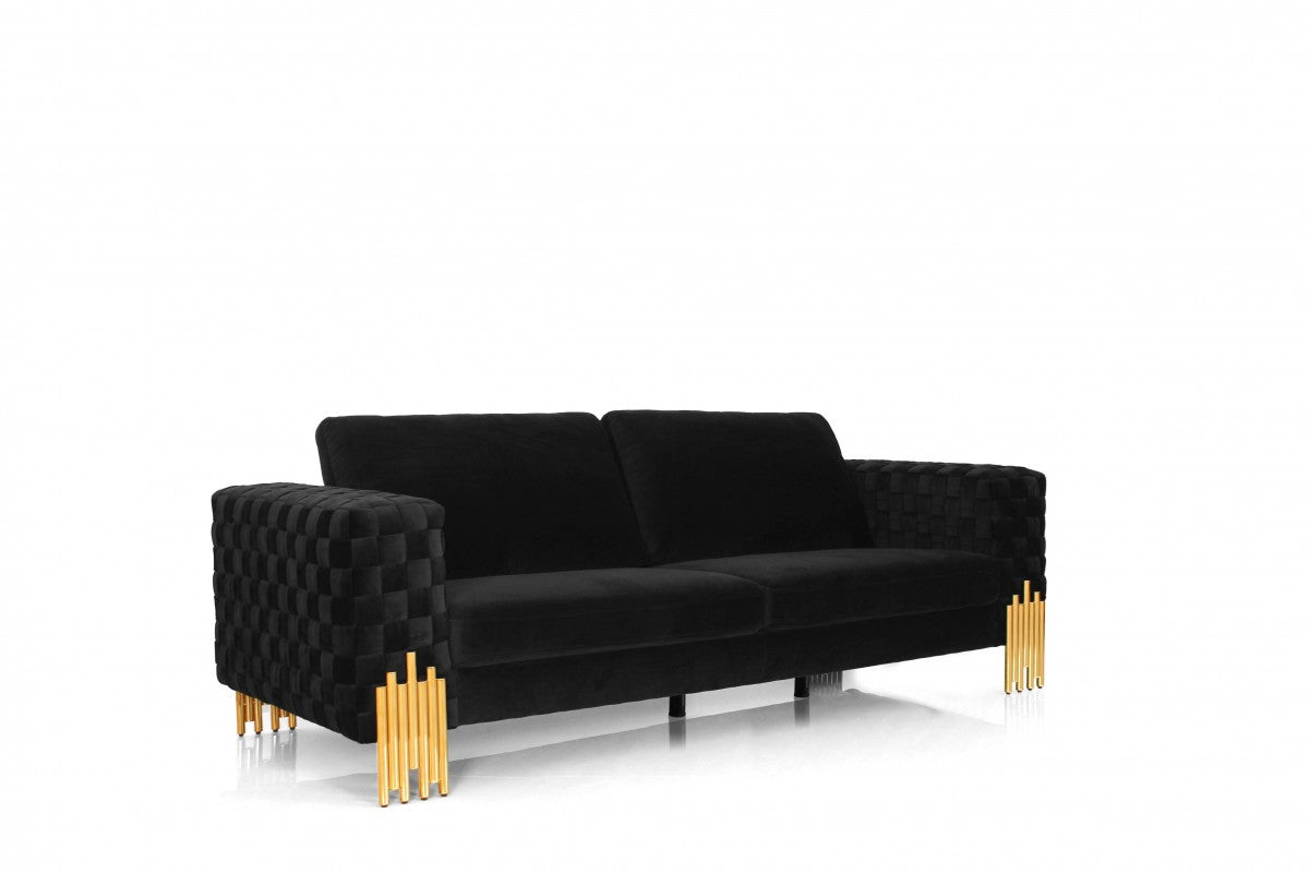 95" Black Velvet And Gold Sofa