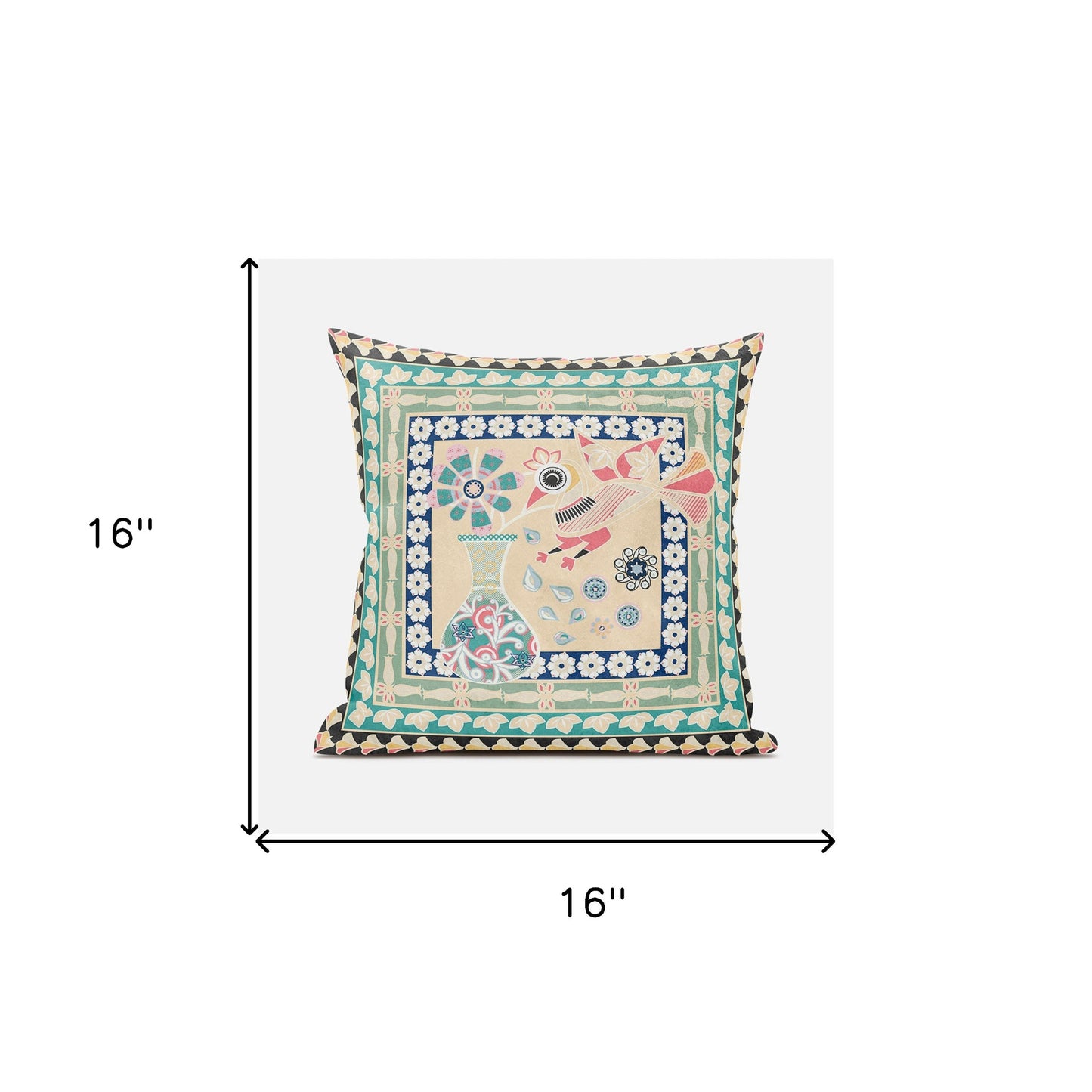 16" X 16" Pink and Green Peacock Broadcloth Floral Zippered Pillow