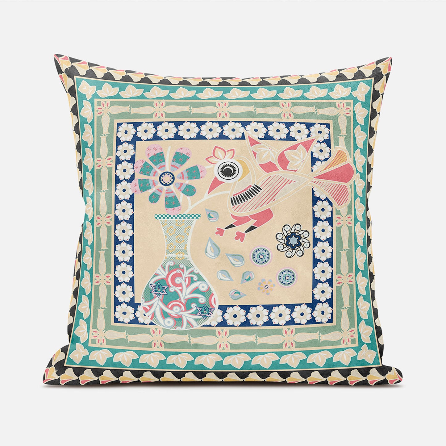 18" X 18" Pink and Green Peacock Broadcloth Floral Zippered Pillow