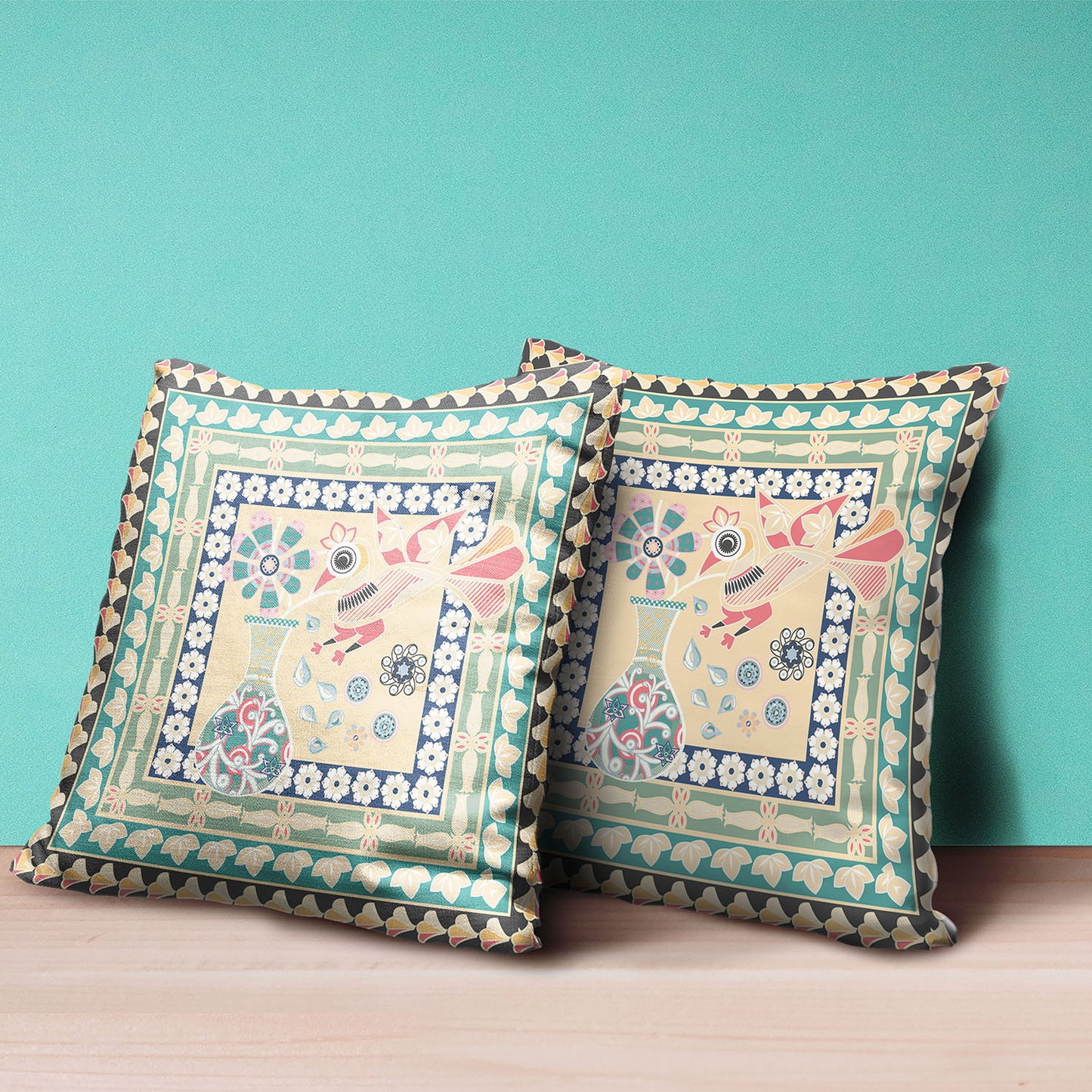 18" X 18" Pink and Green Peacock Broadcloth Floral Zippered Pillow