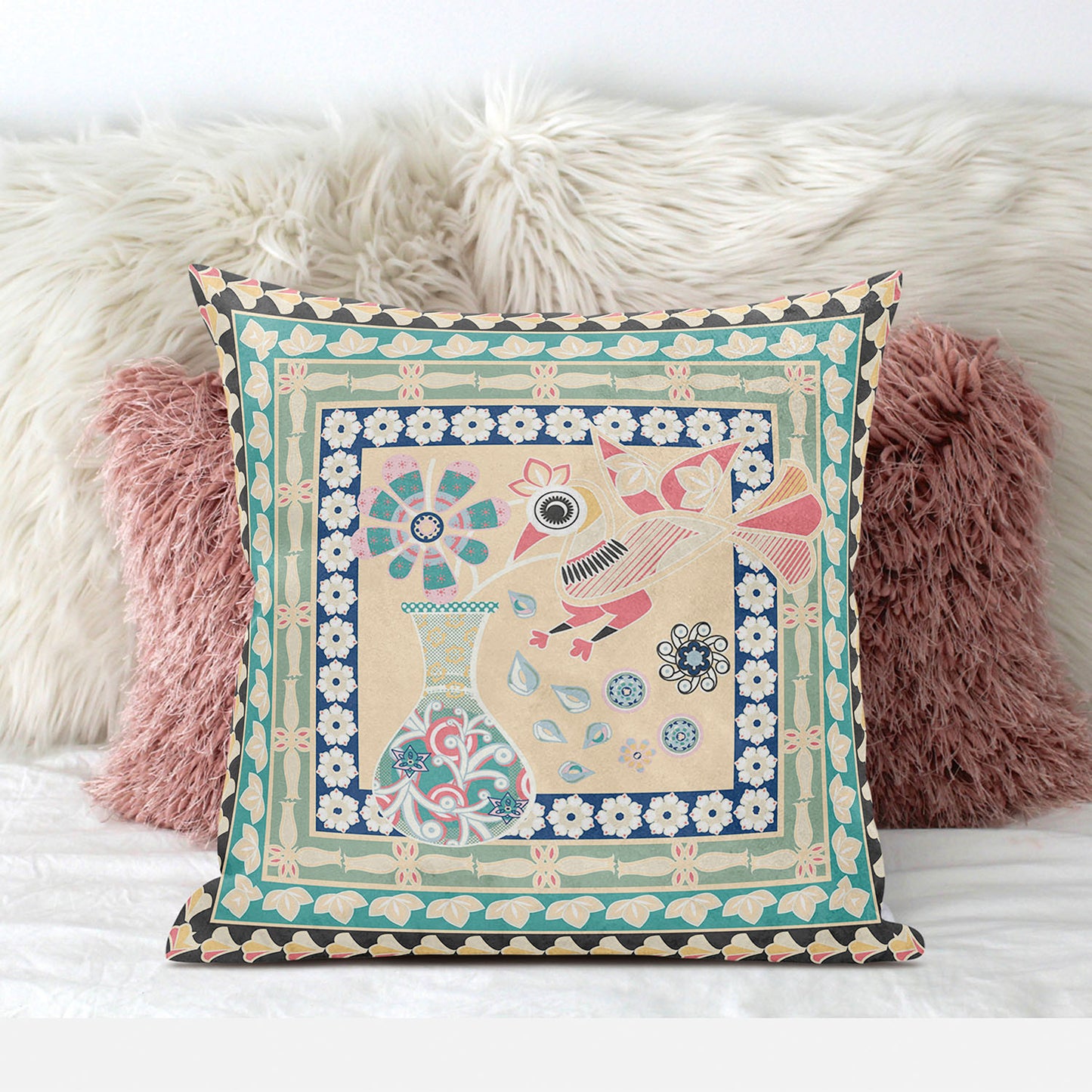 20" X 20" Pink and Green Peacock Broadcloth Floral Zippered Pillow