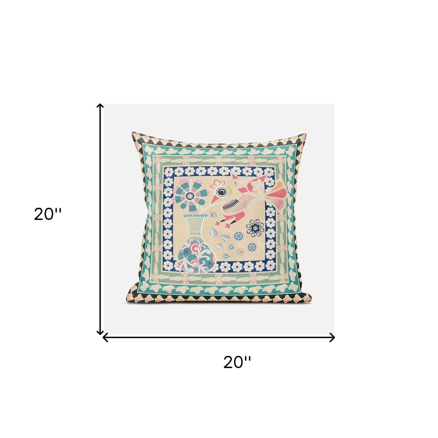 20" X 20" Pink and Green Peacock Broadcloth Floral Zippered Pillow