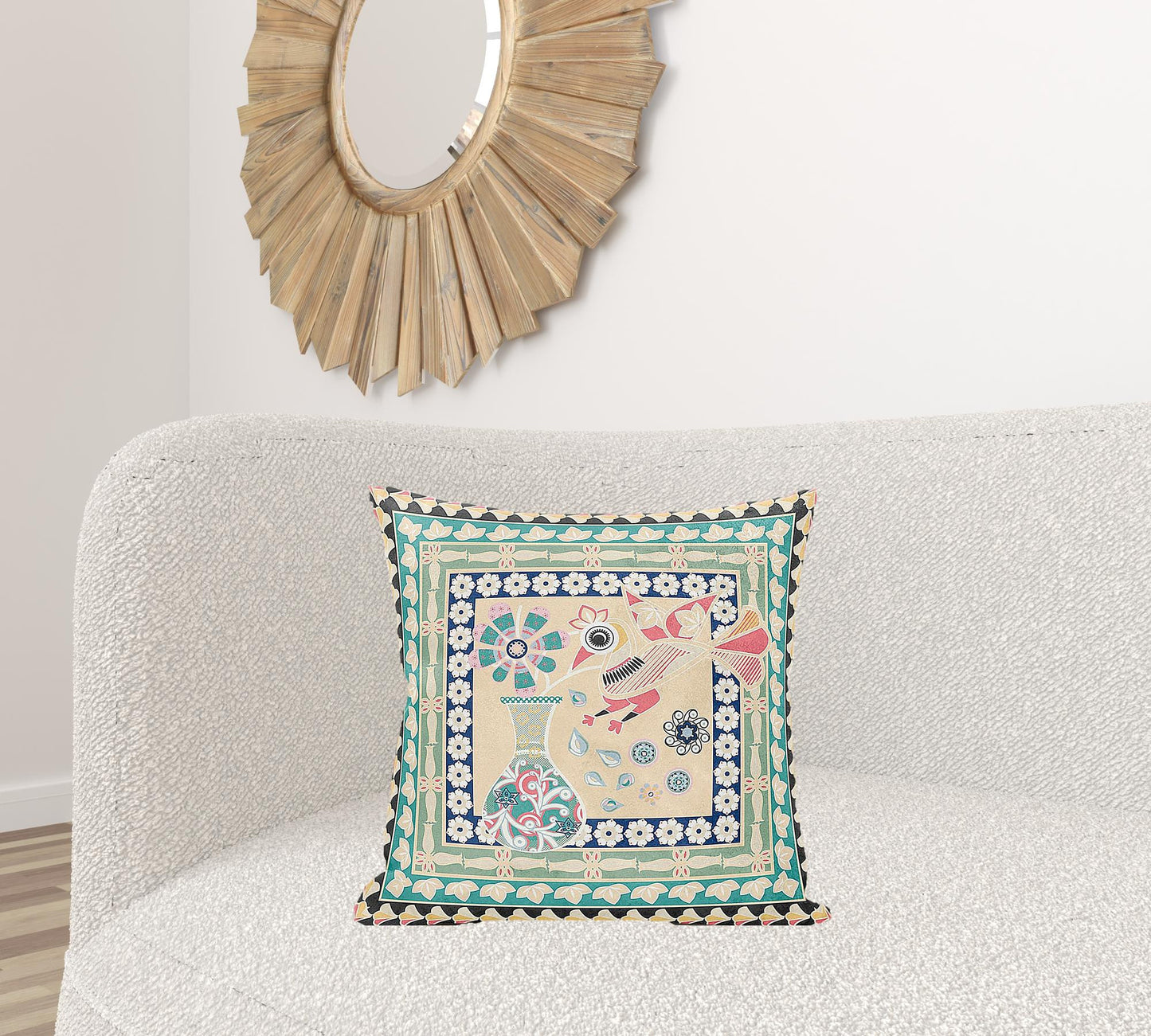20" X 20" Pink and Green Peacock Broadcloth Floral Zippered Pillow
