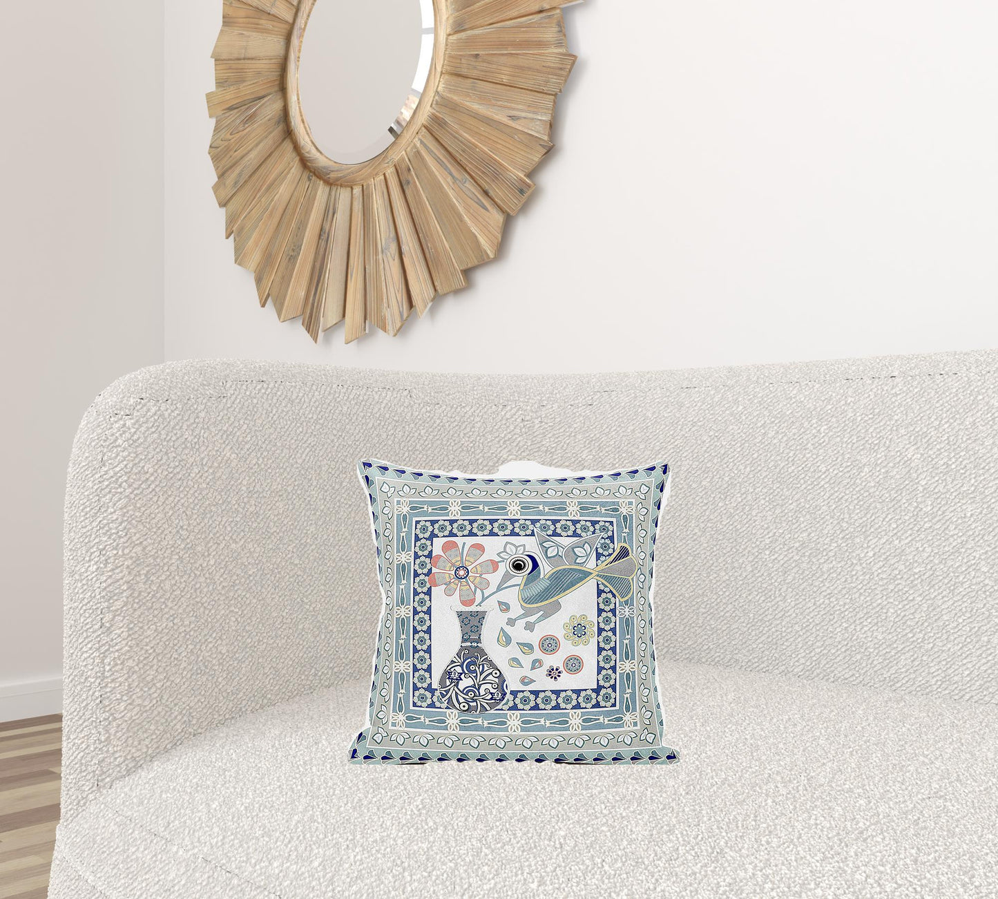 16" X 16" Blue and Beige Peacock Broadcloth Floral Zippered Pillow