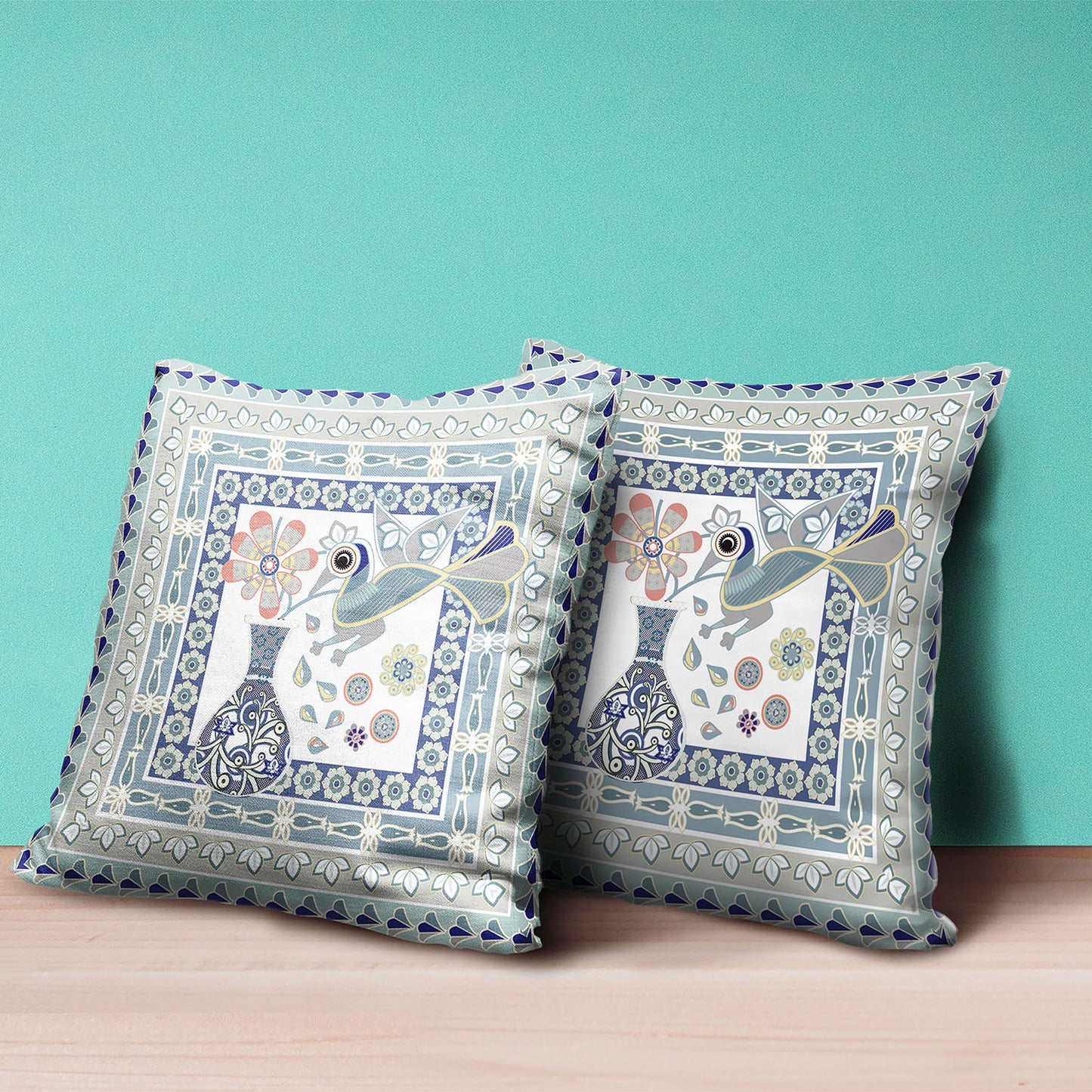 18" X 18" Blue and Beige Peacock Broadcloth Floral Zippered Pillow