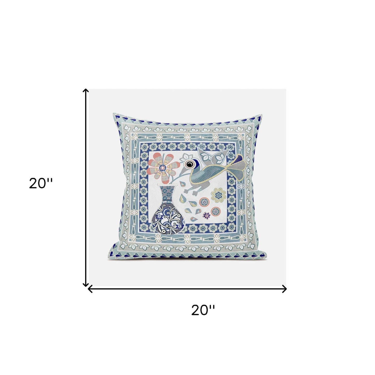20" X 20" Blue and Beige Peacock Broadcloth Floral Zippered Pillow