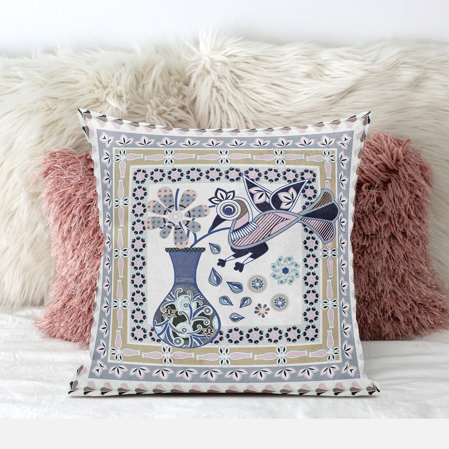 16" X 16" Beige and White Peacock Broadcloth Floral Zippered Pillow