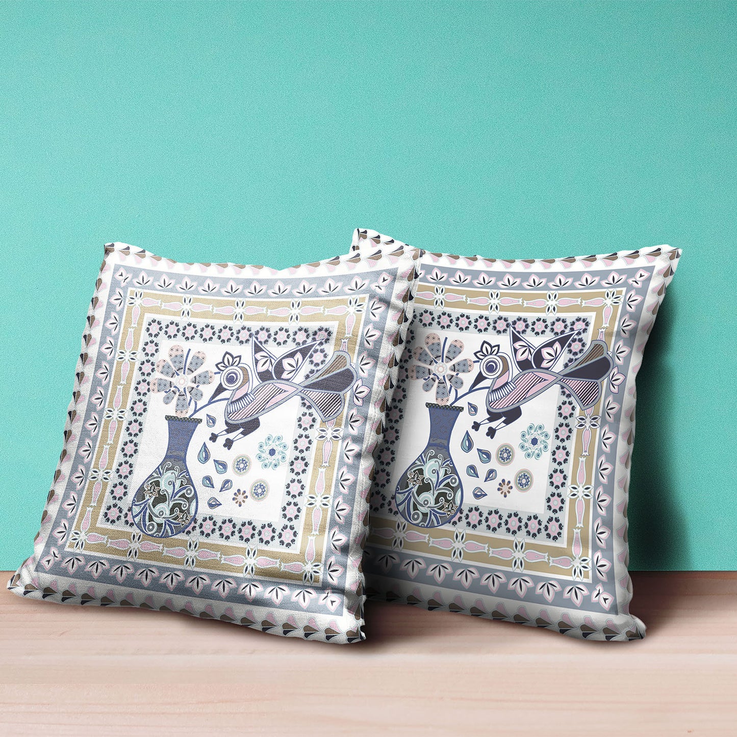16" X 16" Beige and White Peacock Broadcloth Floral Zippered Pillow