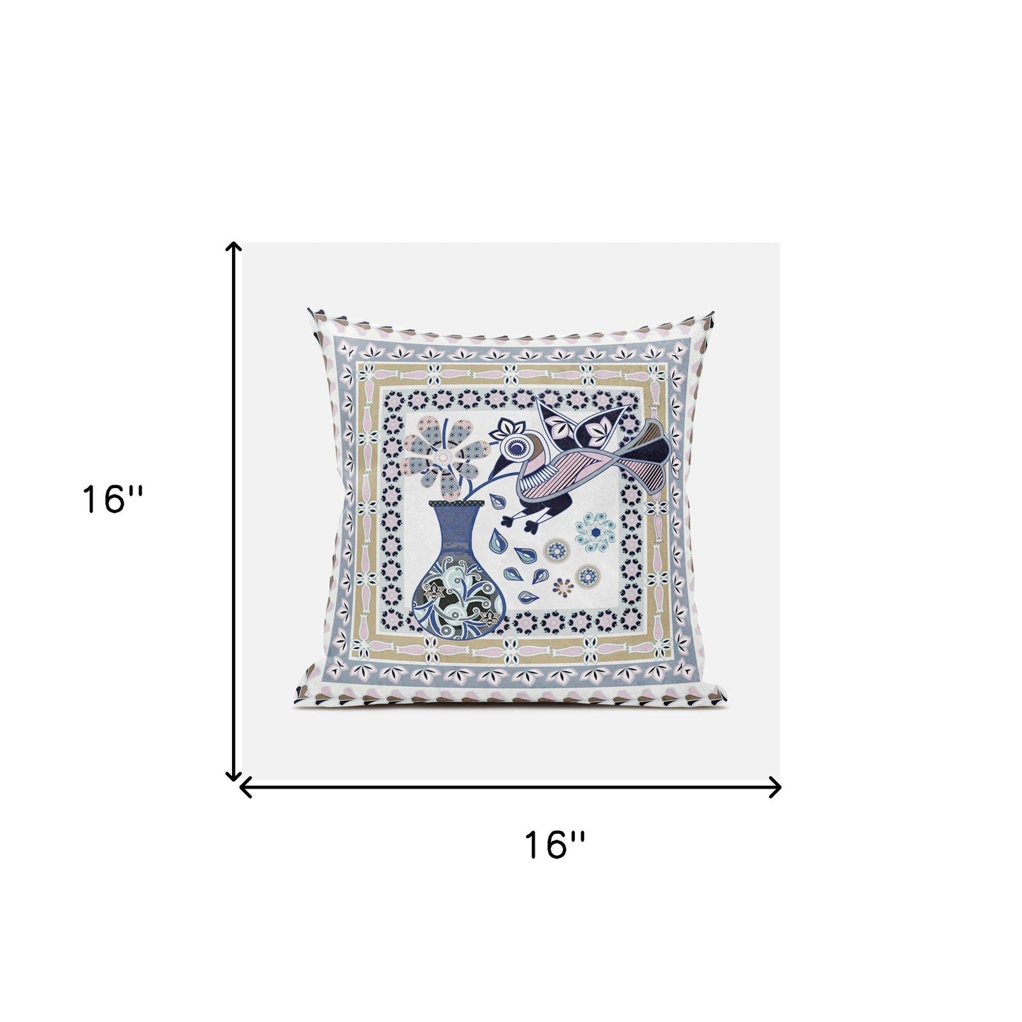 16" X 16" Beige and White Peacock Broadcloth Floral Zippered Pillow