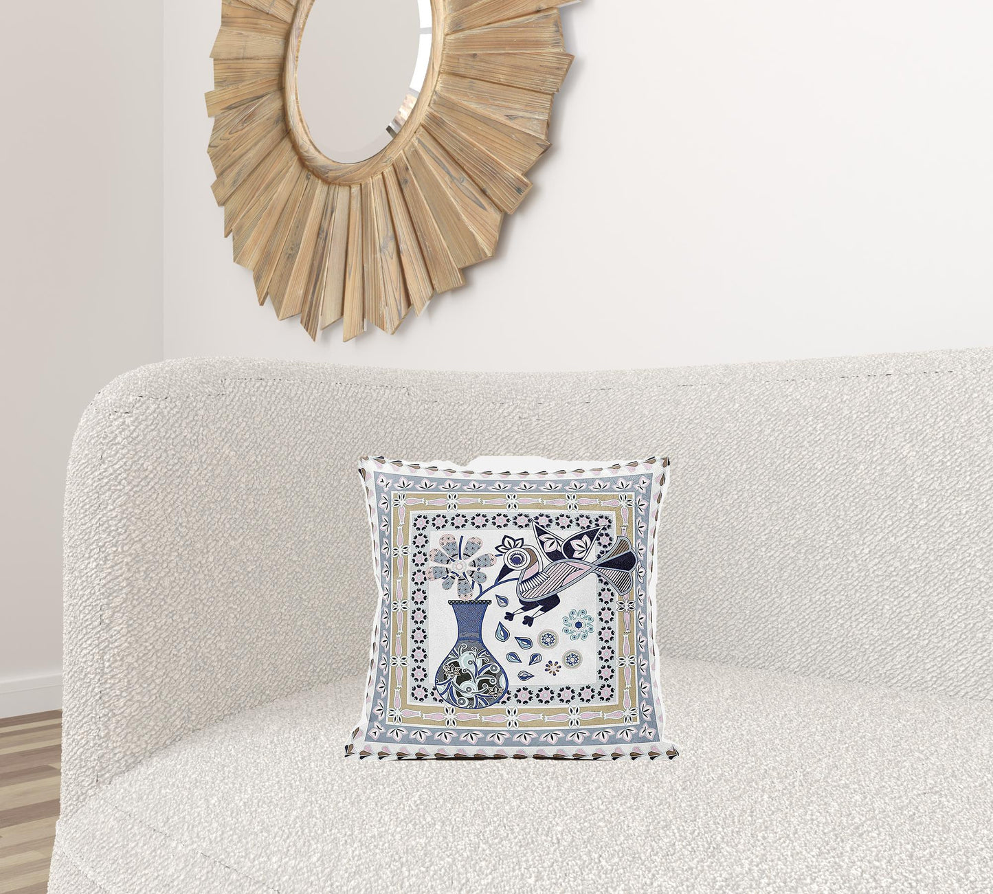 16" X 16" Beige and White Peacock Broadcloth Floral Zippered Pillow