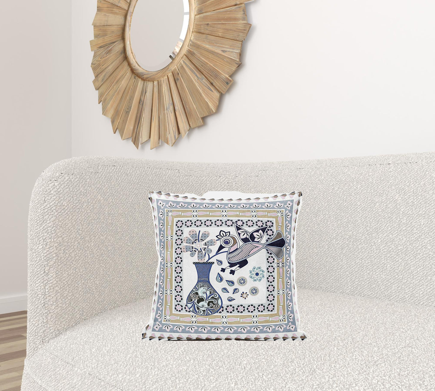 18" X 18" Beige and White Peacock Broadcloth Floral Zippered Pillow