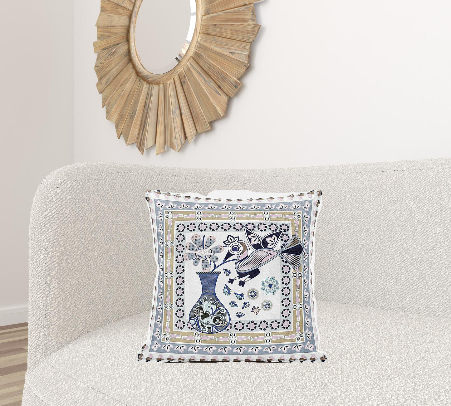 20" X 20" Beige and White Peacock Broadcloth Floral Zippered Pillow