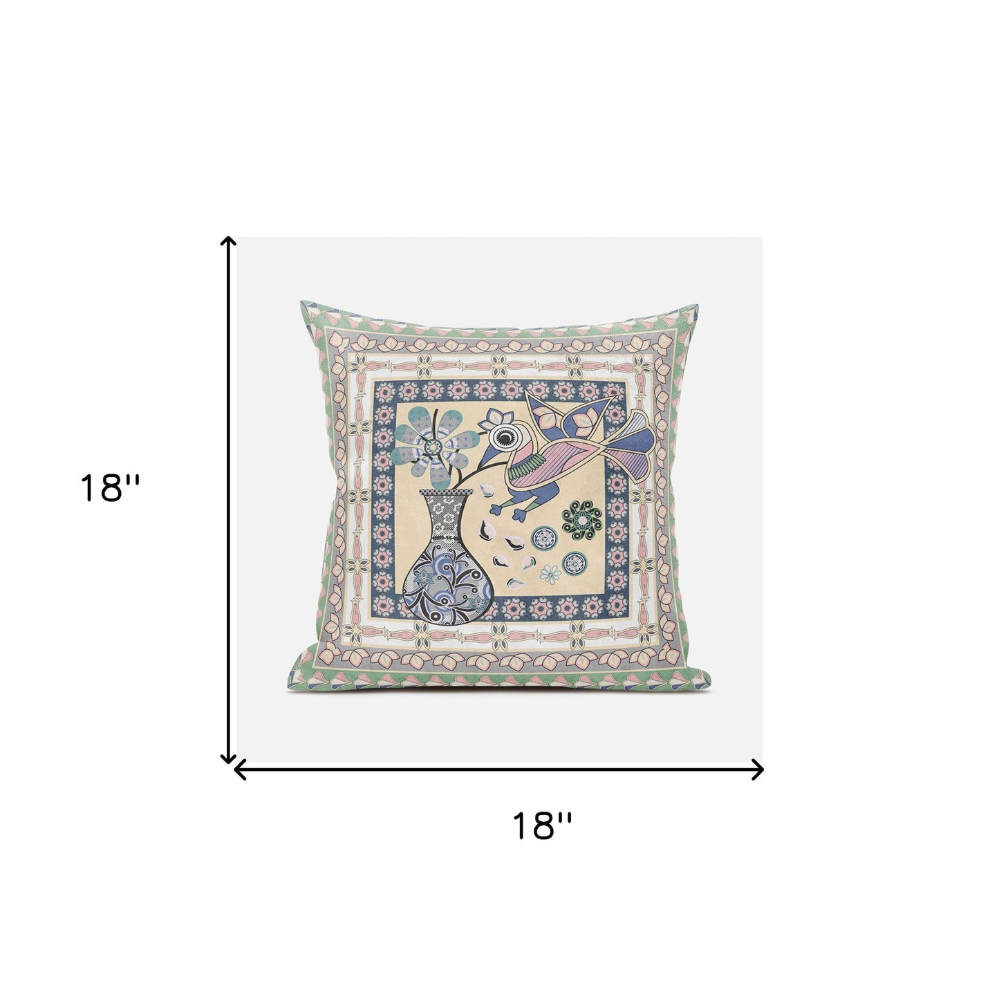 18" X 18" Pink and Green Peacock Broadcloth Floral Zippered Pillow
