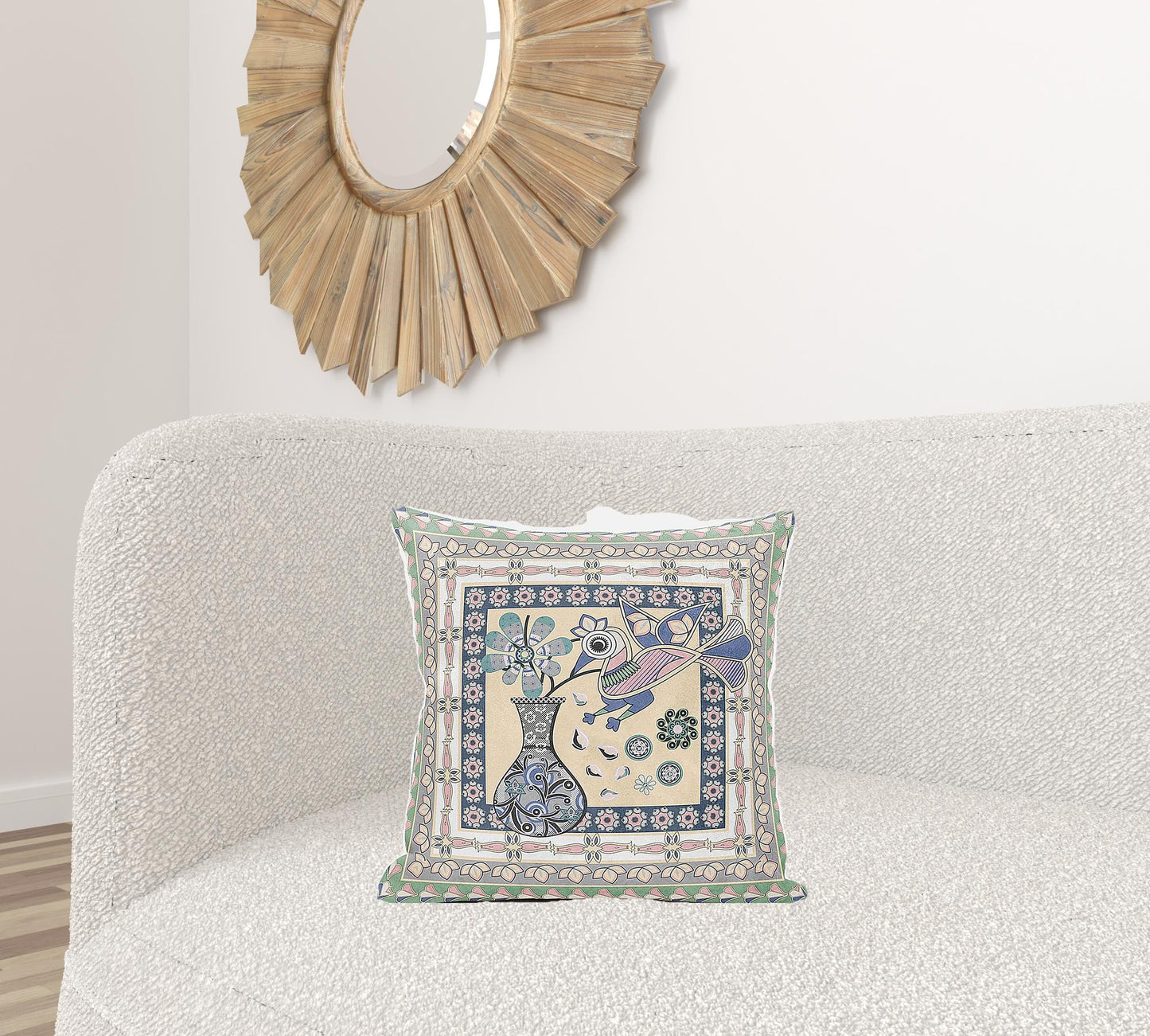 18" X 18" Pink and Green Peacock Broadcloth Floral Zippered Pillow