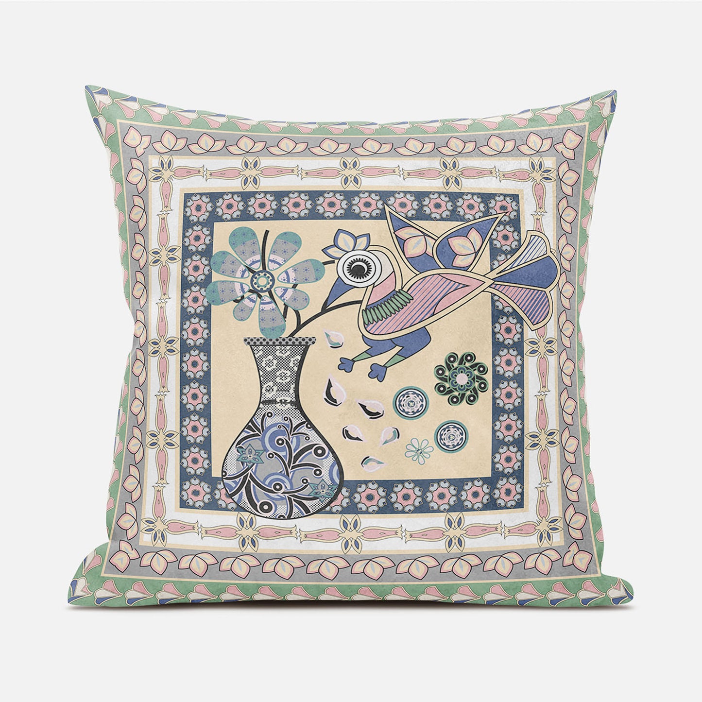 20" X 20" Pink and Green Peacock Broadcloth Floral Zippered Pillow