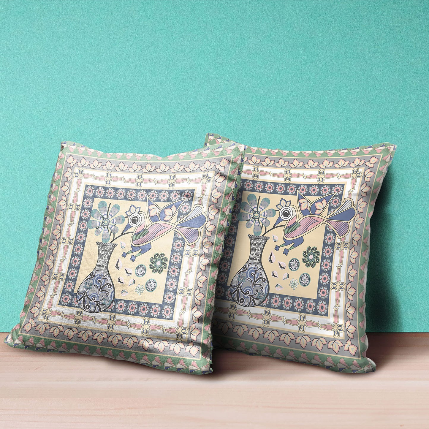 20" X 20" Pink and Green Peacock Broadcloth Floral Zippered Pillow