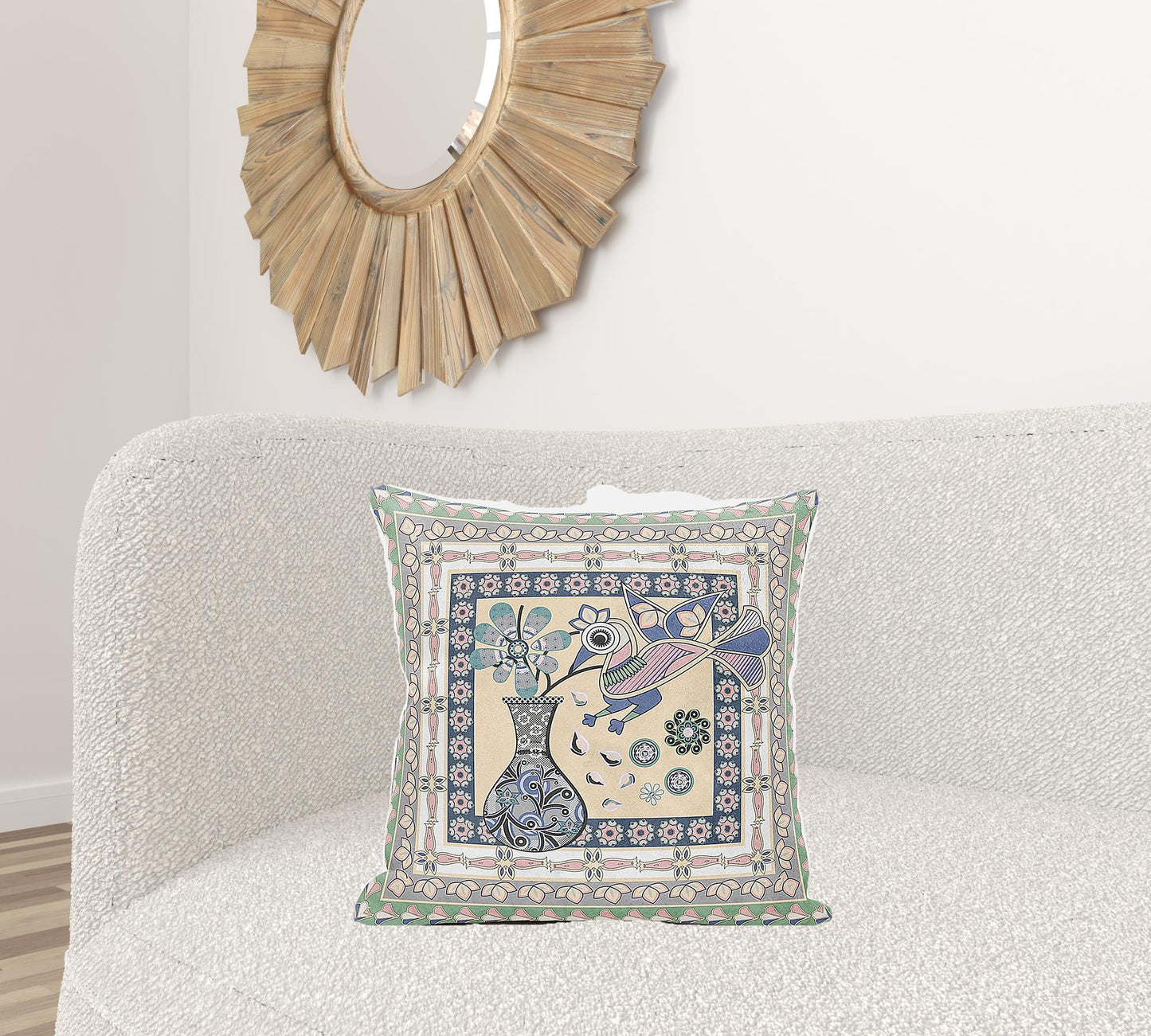 20" X 20" Pink and Green Peacock Broadcloth Floral Zippered Pillow