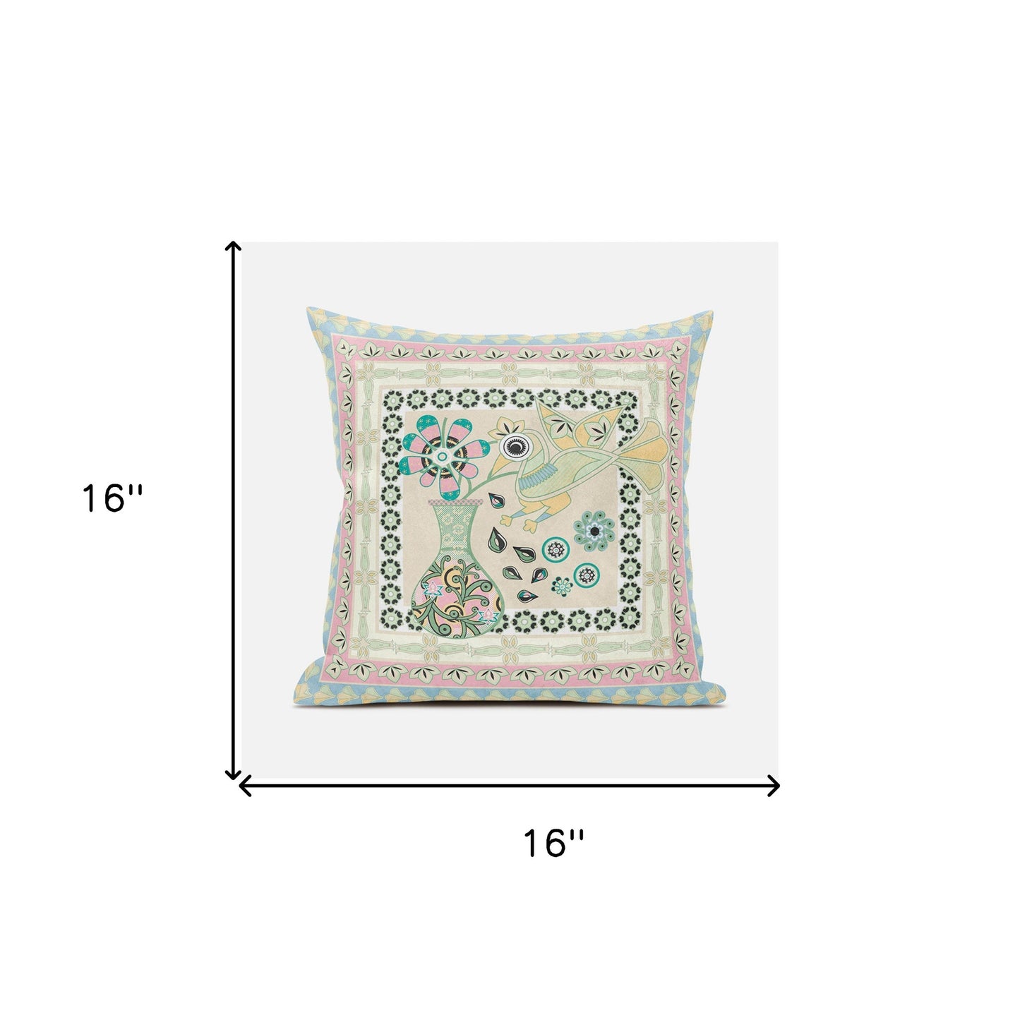 16" X 16" Blue and Beige Peacock Broadcloth Floral Zippered Pillow