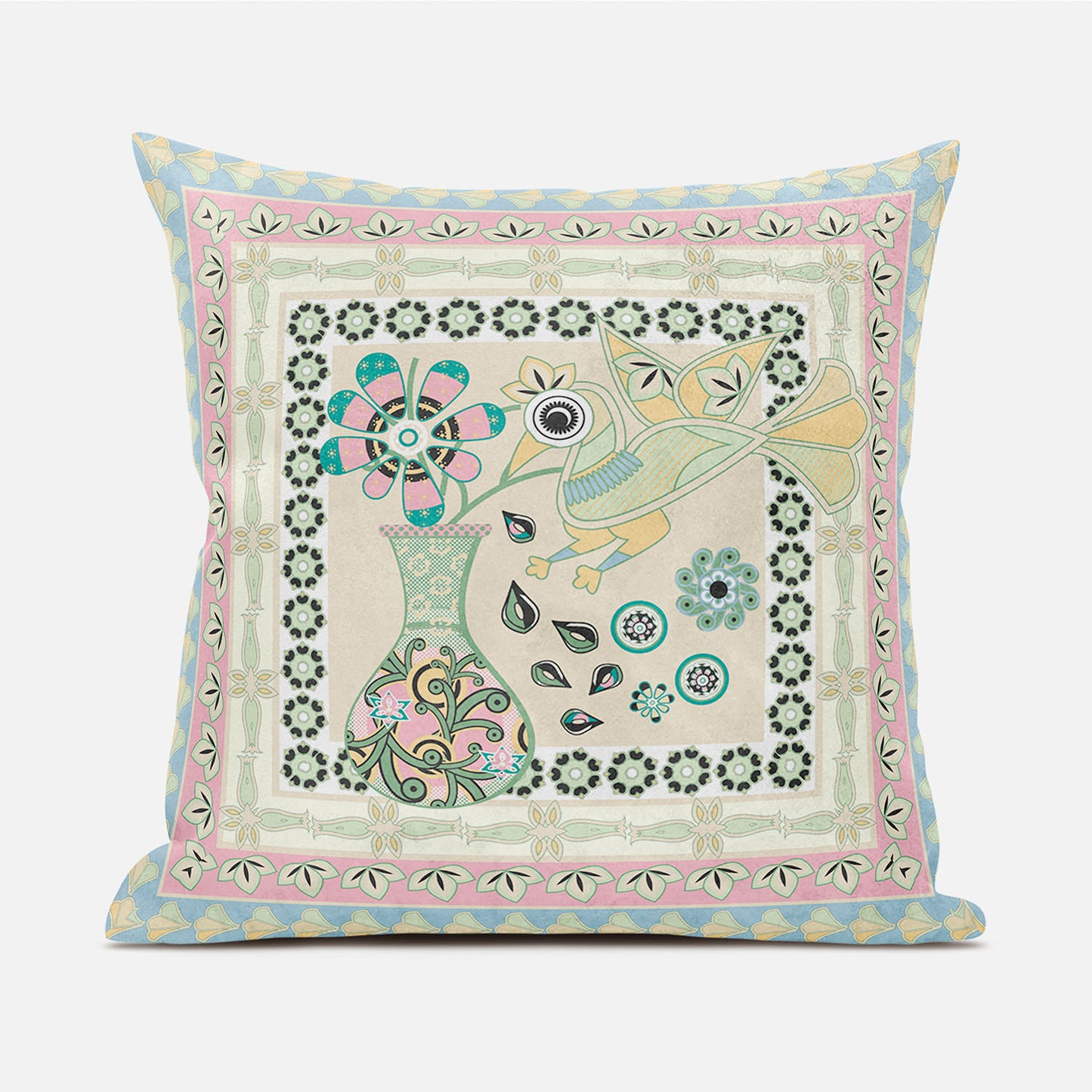 18" X 18" Blue and Beige Peacock Broadcloth Floral Zippered Pillow