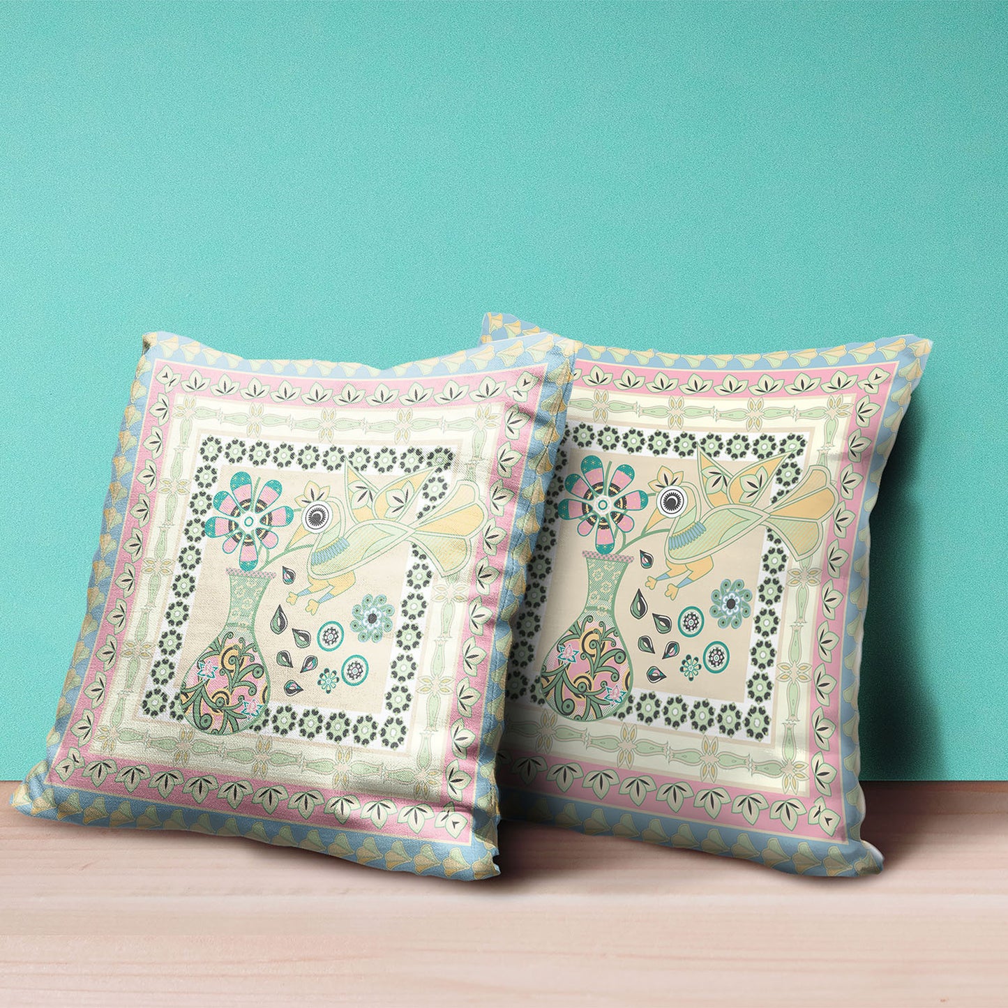 18" X 18" Blue and Beige Peacock Broadcloth Floral Zippered Pillow