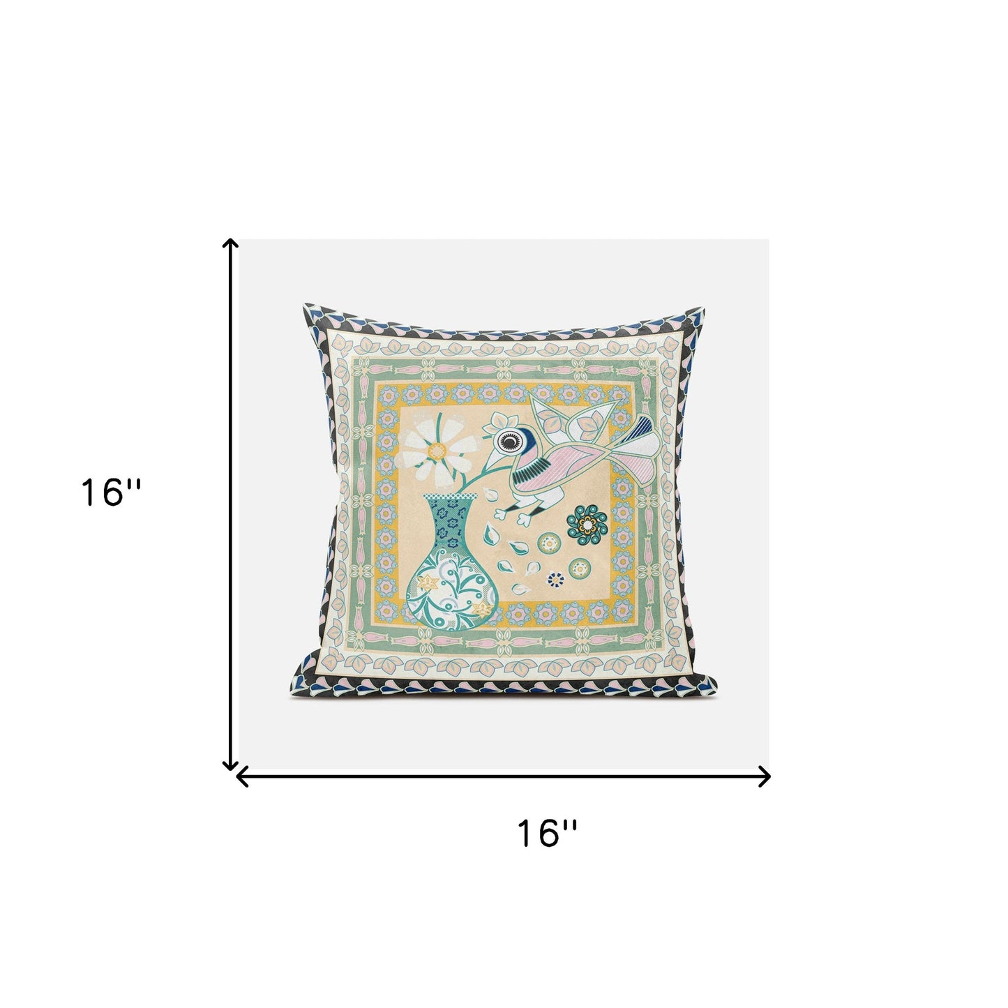 16" X 16" Beige and Black Peacock Broadcloth Floral Zippered Pillow