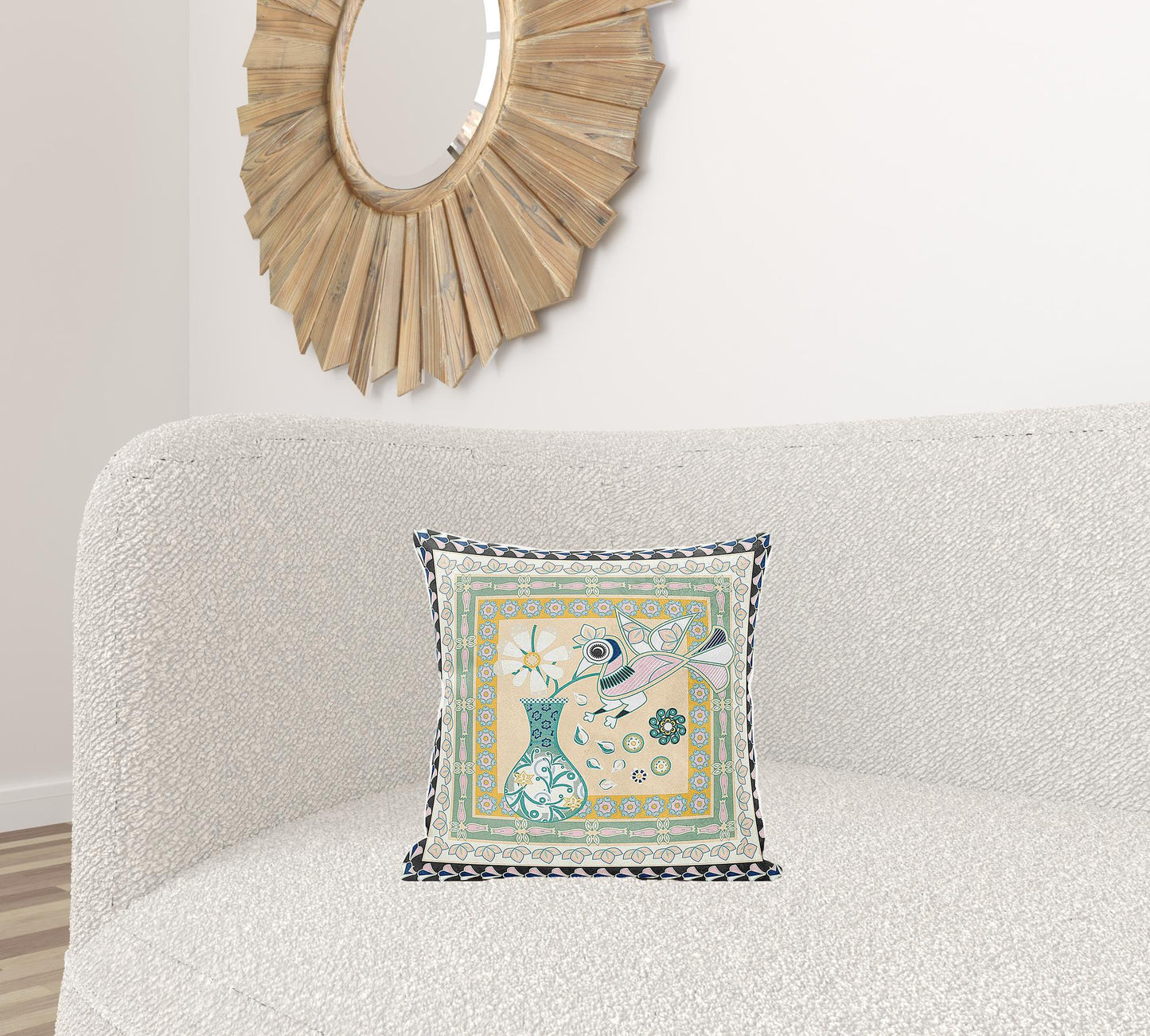 16" X 16" Beige and Black Peacock Broadcloth Floral Zippered Pillow