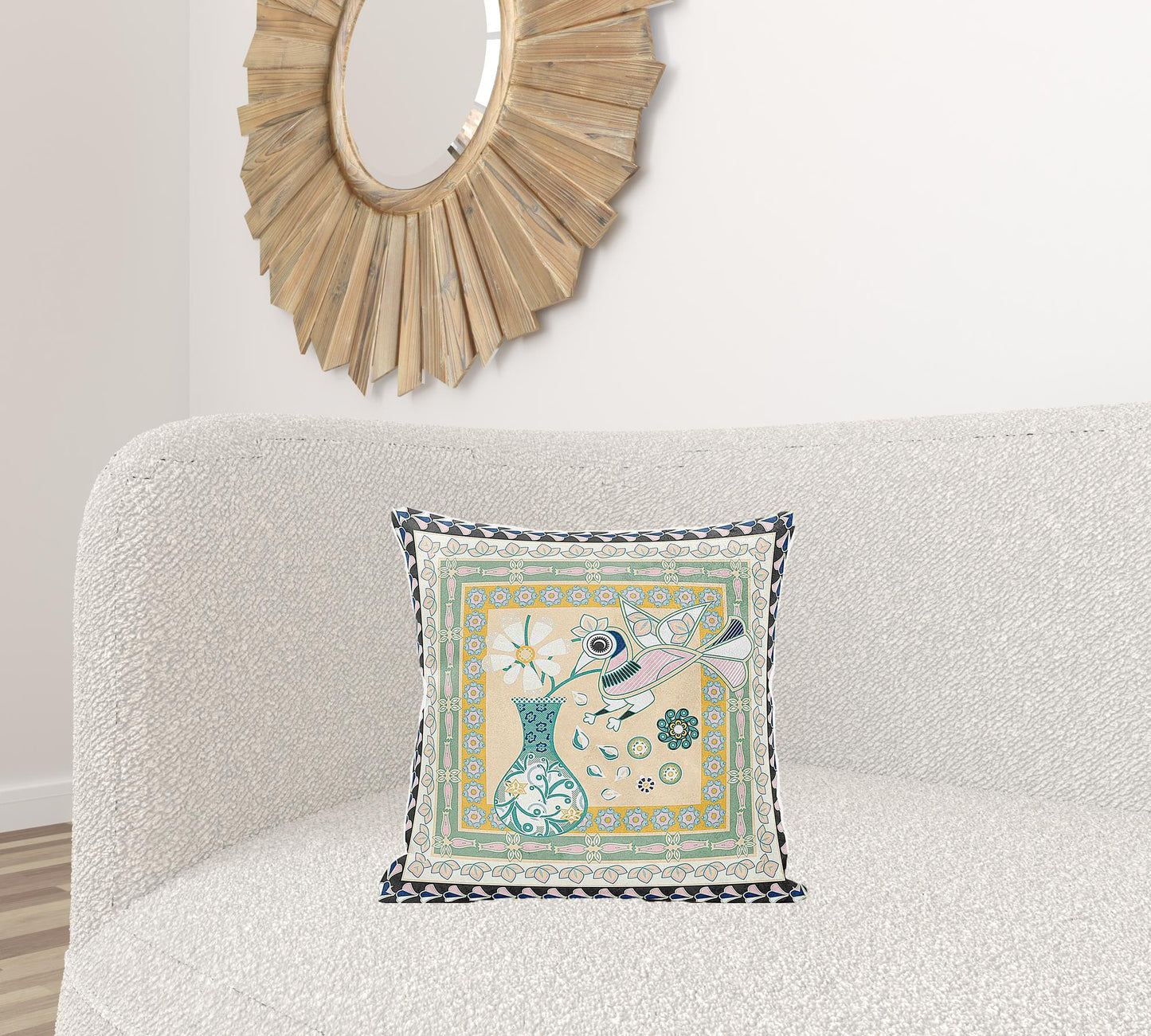 18" X 18" Beige and Black Peacock Broadcloth Floral Zippered Pillow