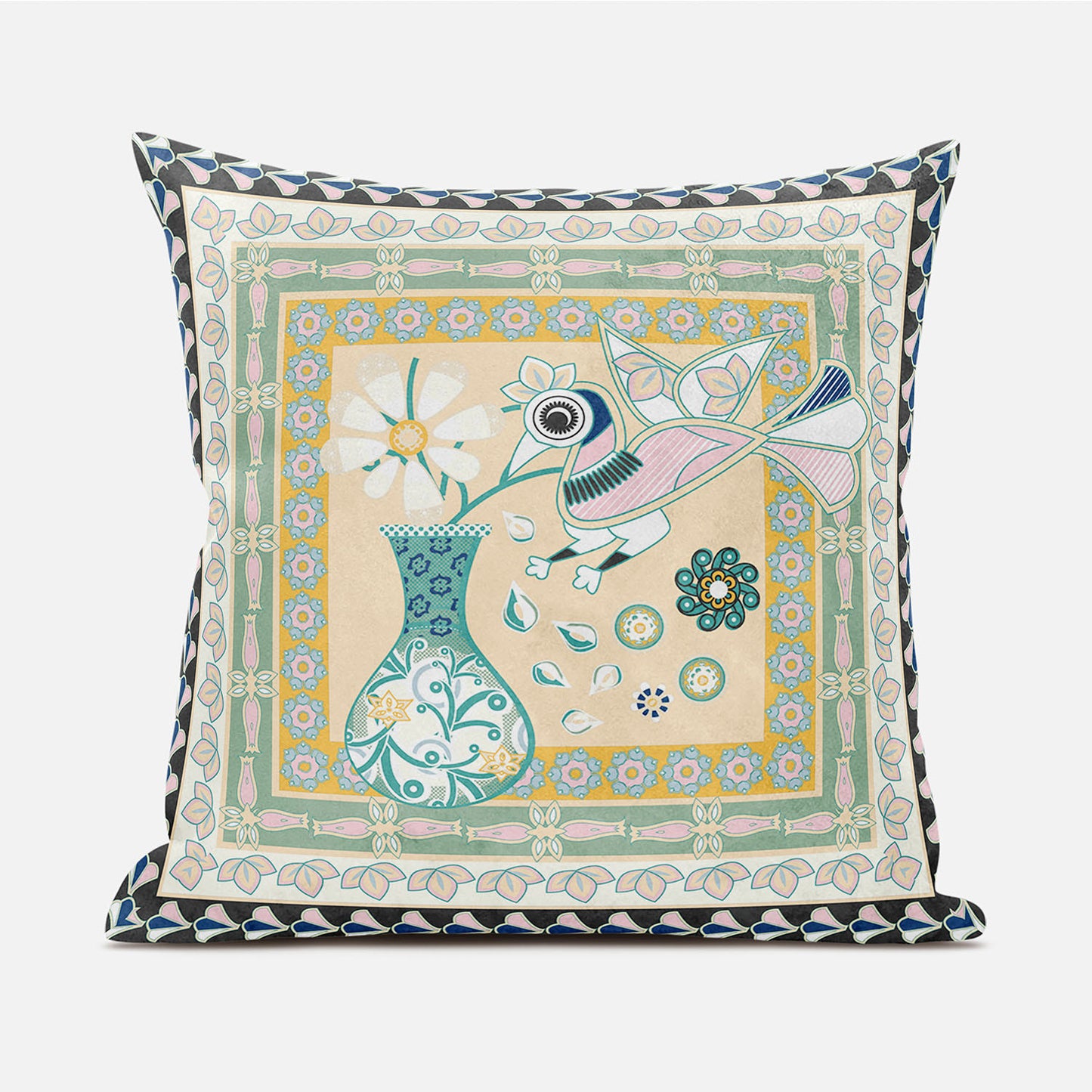 20" X 20" Beige and Black Peacock Broadcloth Floral Zippered Pillow