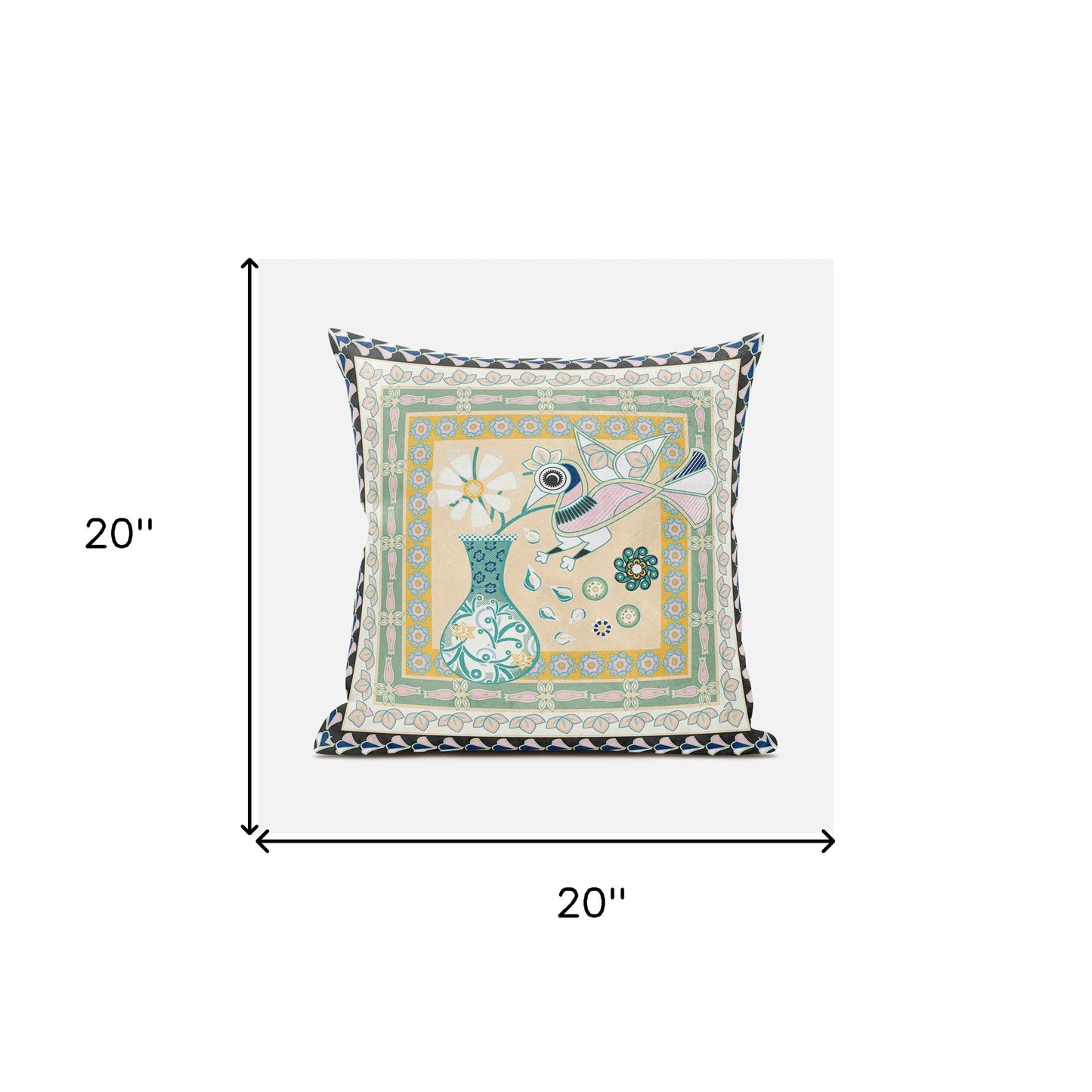 20" X 20" Beige and Black Peacock Broadcloth Floral Zippered Pillow
