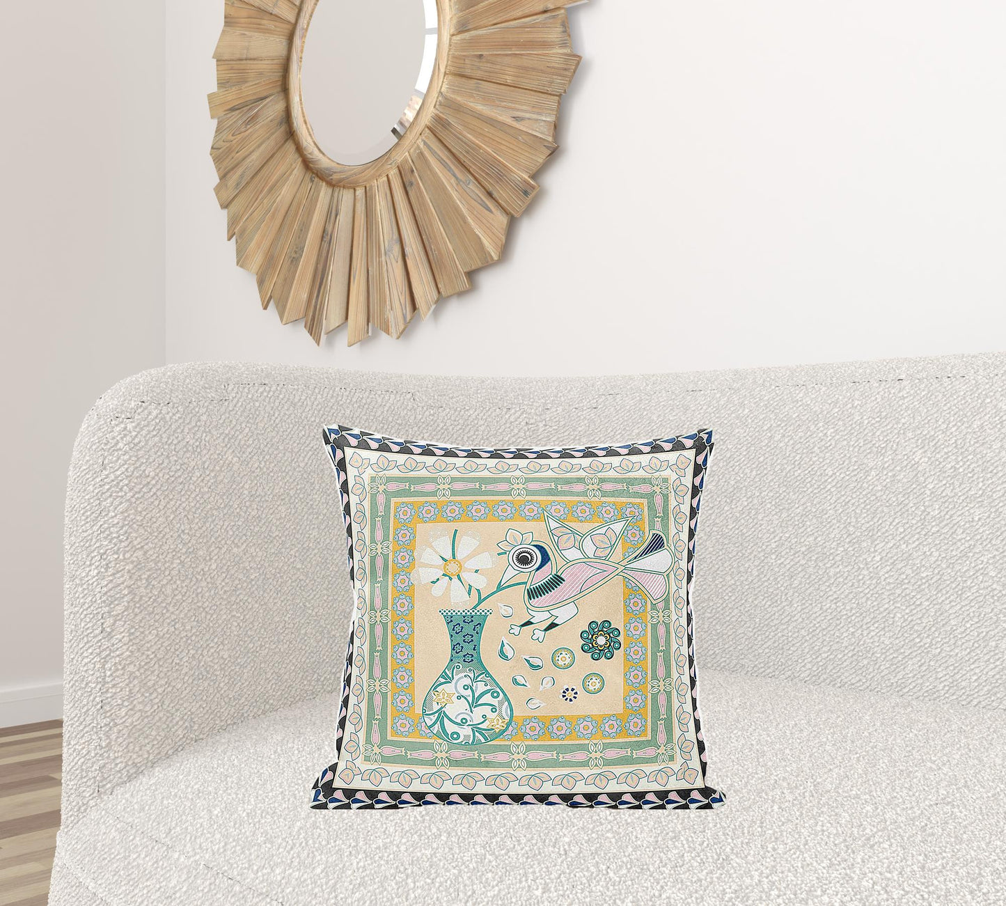 20" X 20" Beige and Black Peacock Broadcloth Floral Zippered Pillow