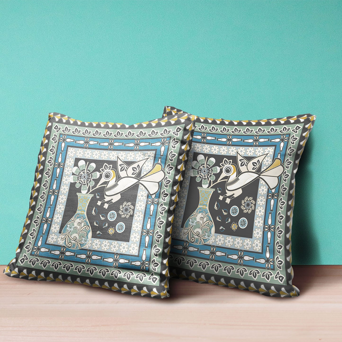 16" X 16" Black and Blue Peacock Broadcloth Floral Zippered Pillow